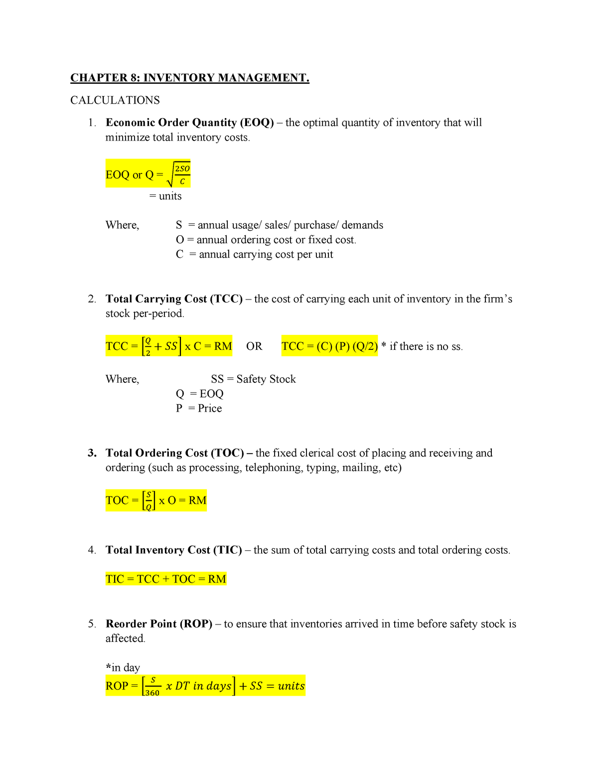 Chapter 8 FIN242 FIN NOTES CHAPTER 8 INVENTORY MANAGEMENT 