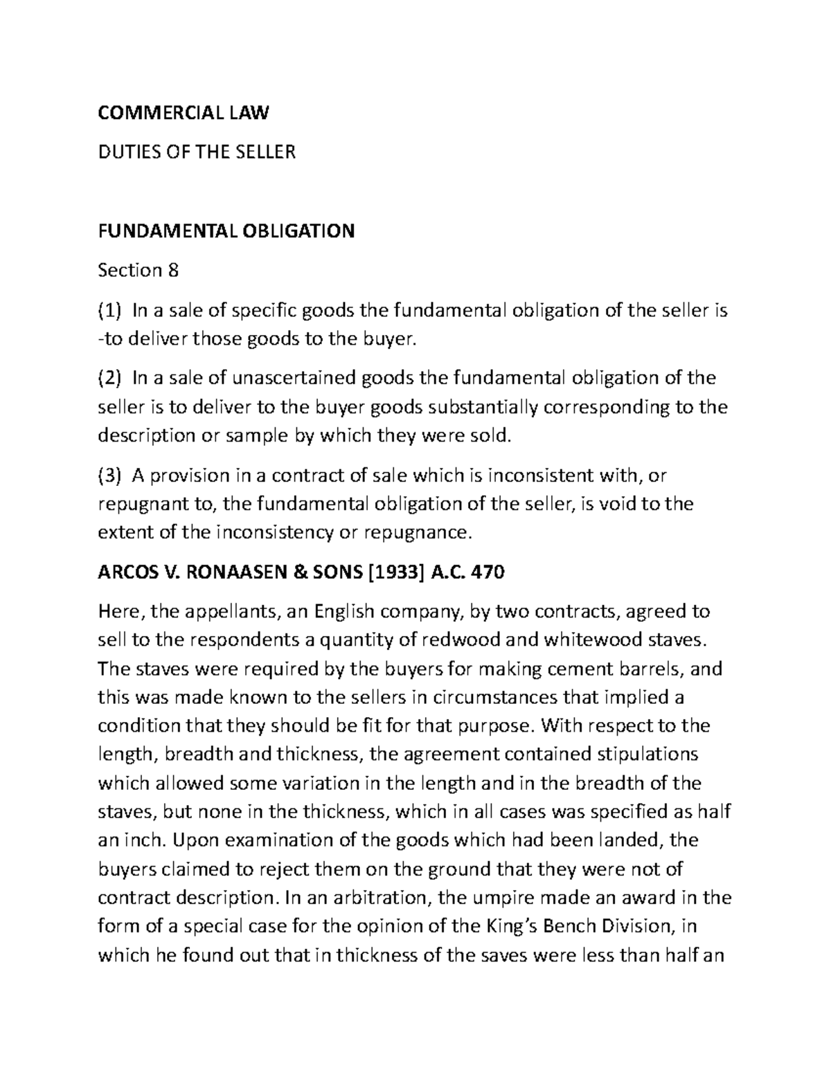 Commercial Law 1 Note Commercial Law Duties Of The Seller Fundamental Obligation Section 8 1 1461