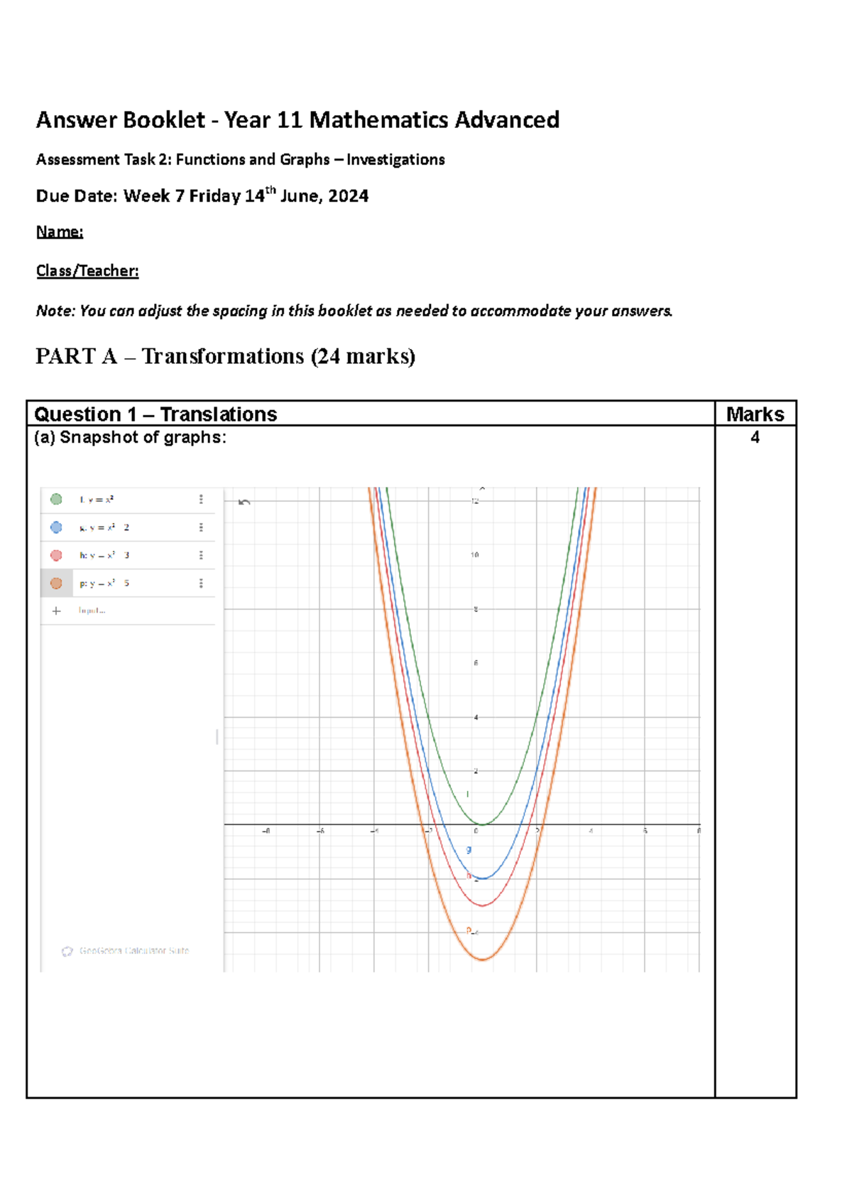 Finished MATH Adv task 2 -2 - Answer Booklet - Year 11 Mathematics ...