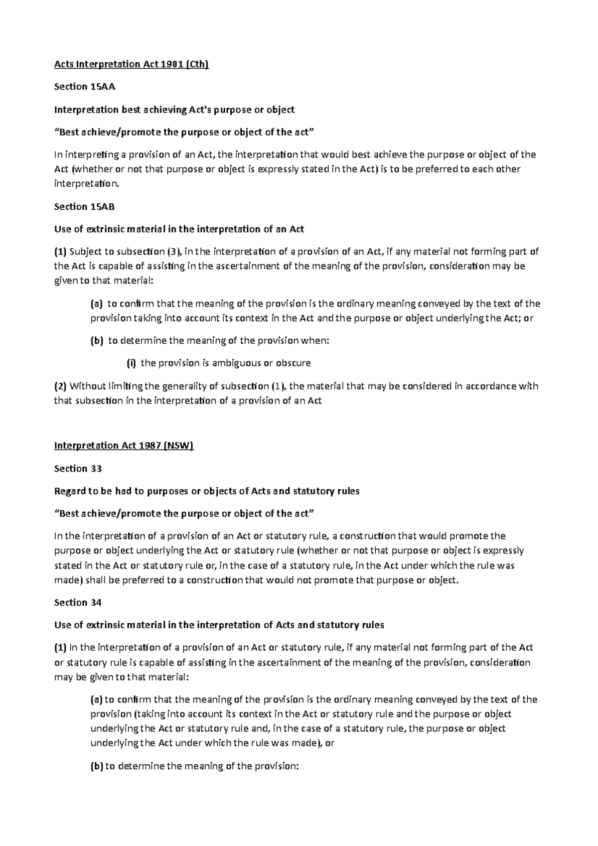 LLB 100 Summary - Acts Interpretation Act 1901 Best Achieving Purpose ...