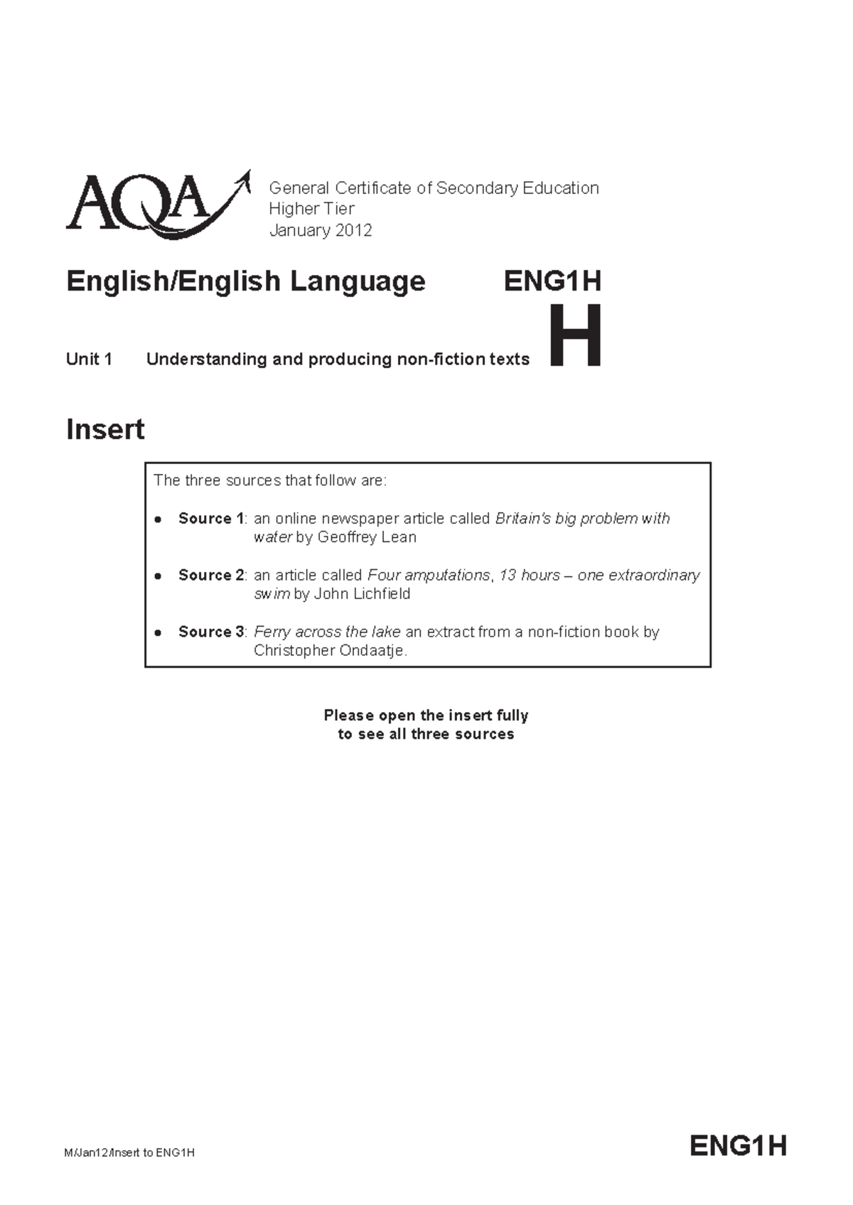 Insert - M/Jan12/Insert to ENG1H ENG1H ####### General Certificate of ...