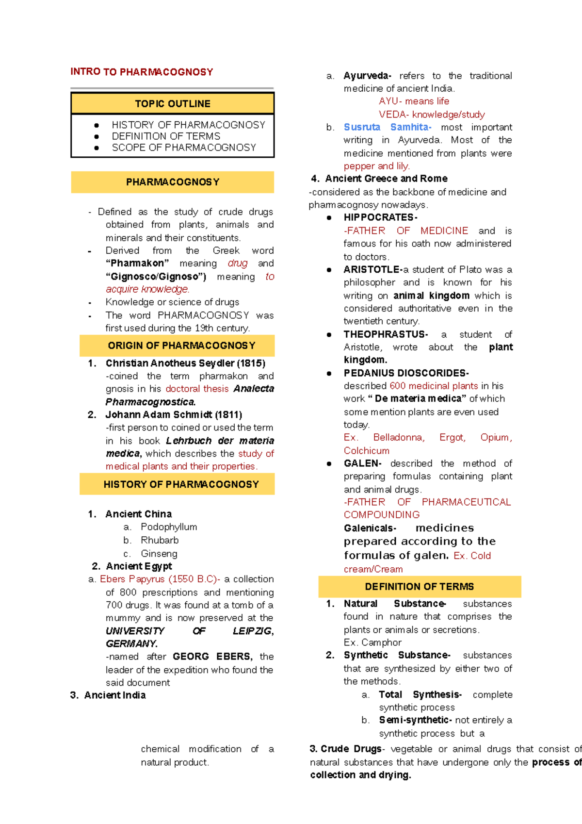 Pharmacognosy Notes 4 INTRO TO PHARMACOGNOSY TOPIC OUTLINE HISTORY OF