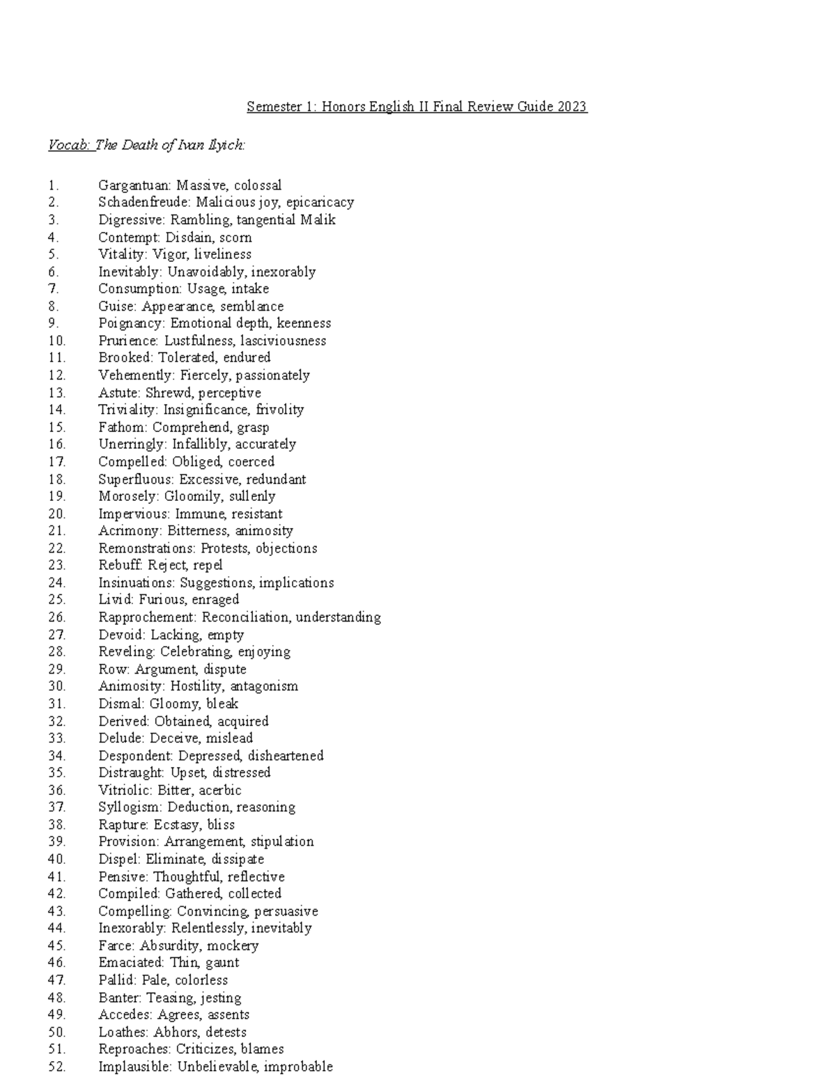 Copy of Semester 1 Honors English II Final Review Guide 2023 - Semester ...