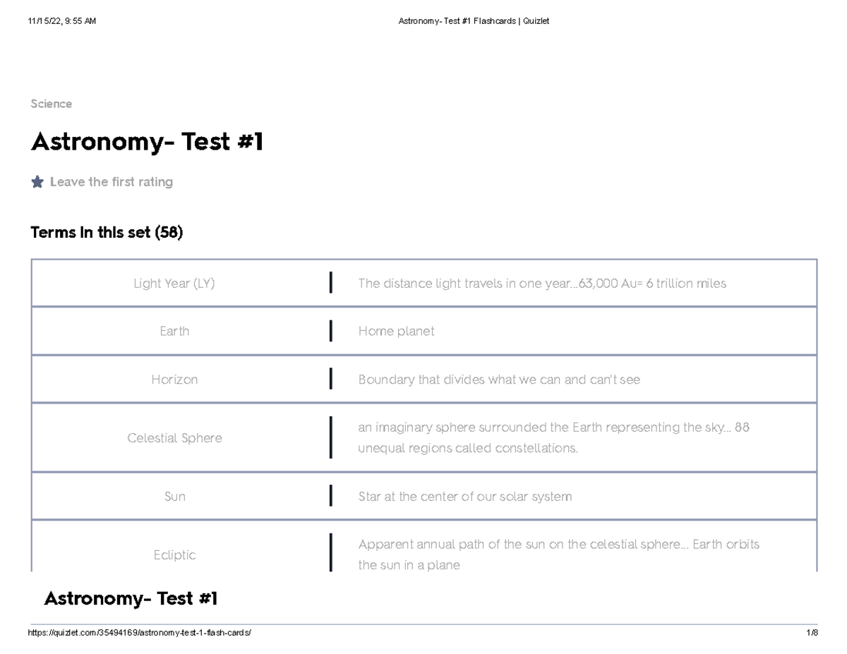 Astronomy- Test #1 Flashcards Quizlet - Astronomy- Test Leave The First ...