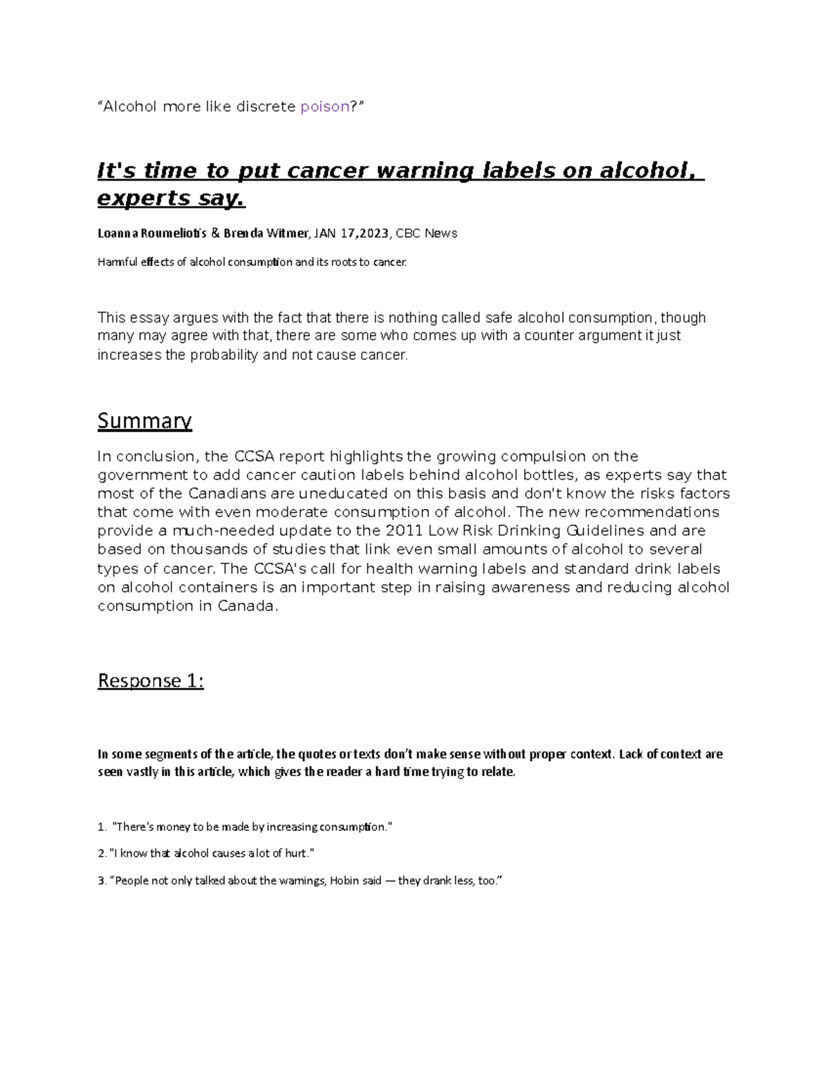 Critique Essay TOM “Alcohol more like discrete poison?” It's time to