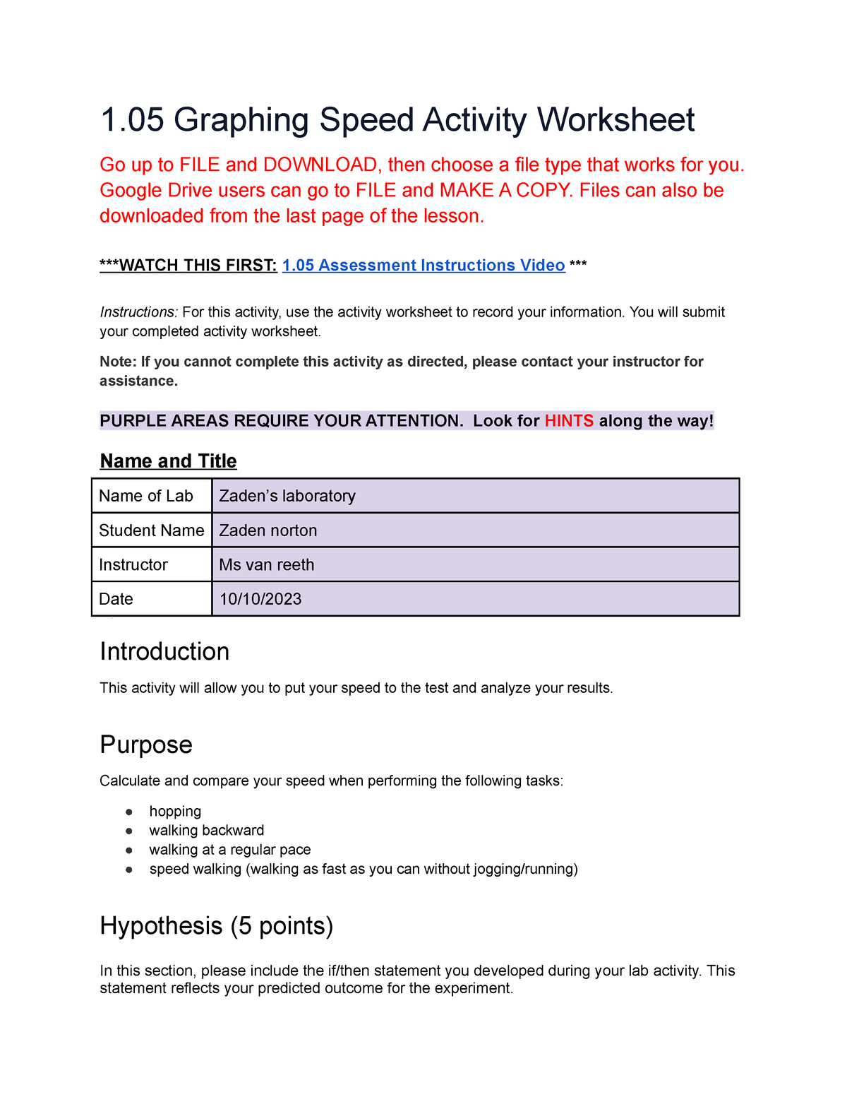 Open lesson 1: Speed worksheet