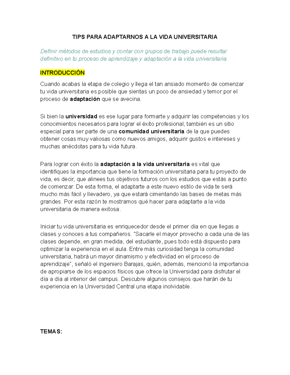 TIPS PARA Adaptarnos A LA VIDA Universitaria - TIPS PARA ADAPTARNOS A ...