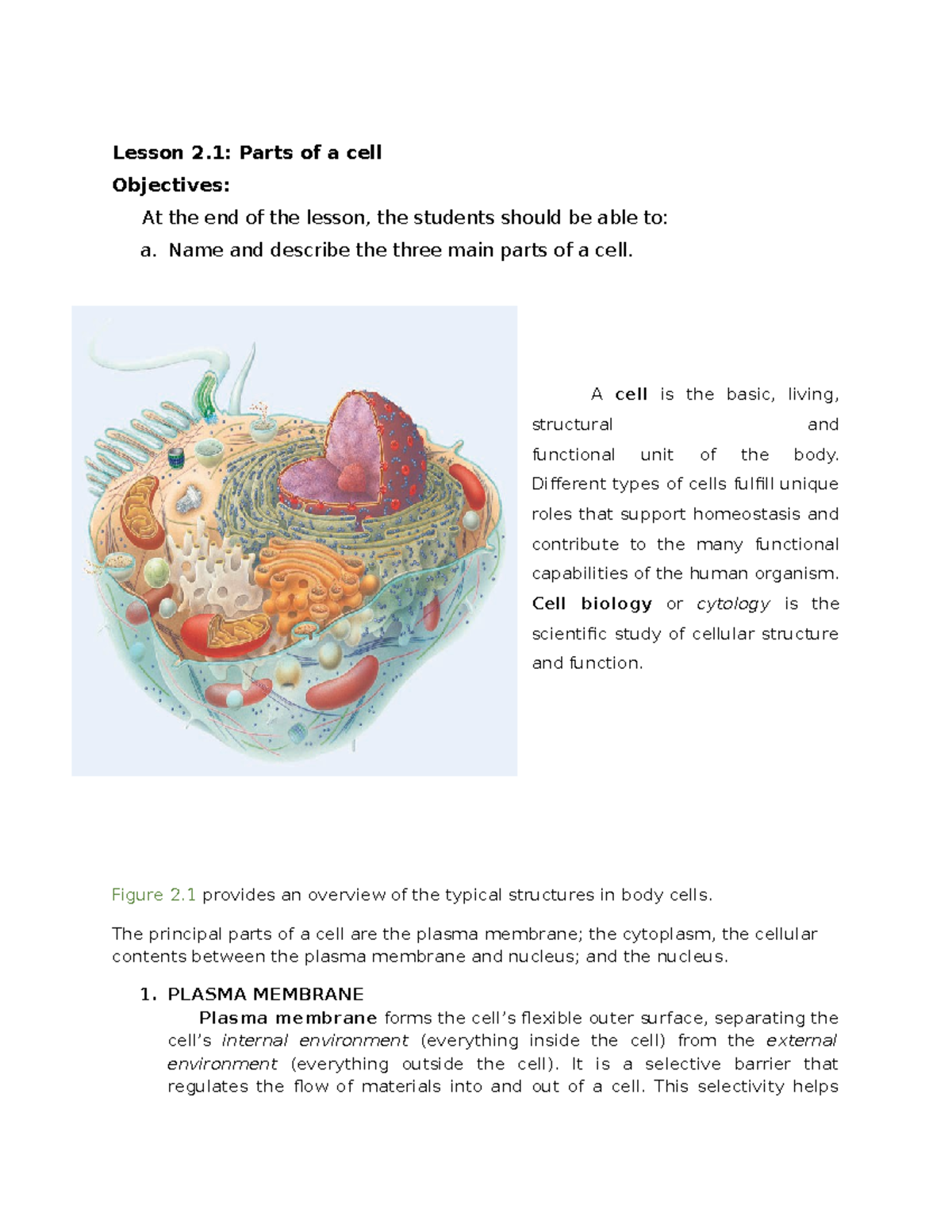 Cellreadingmaterial Lesson 2 Parts of a cell Objectives At the