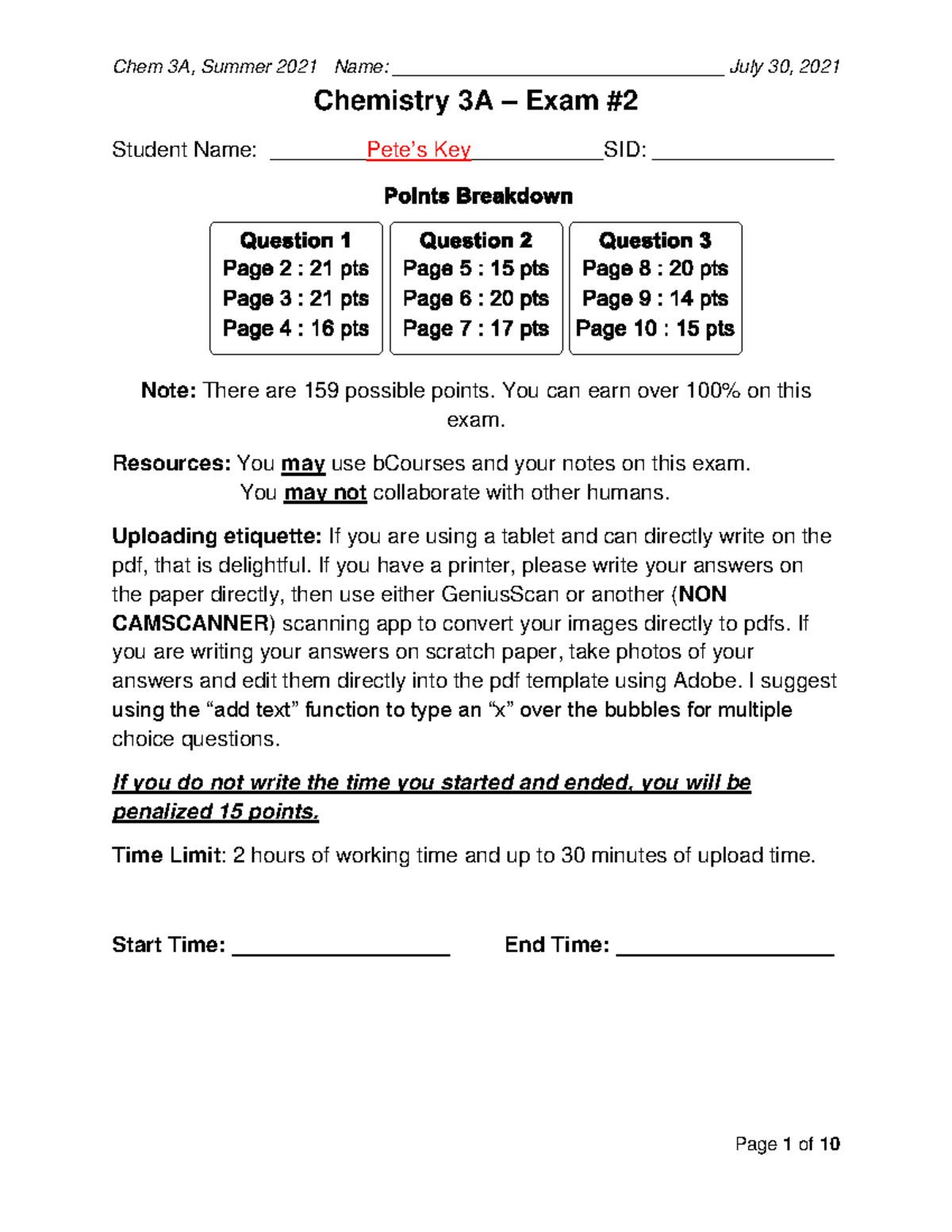 4. Exam 2 (Chem 3A - Summer 2021) - Key - Chemistry 3A – Exam # 2 ...