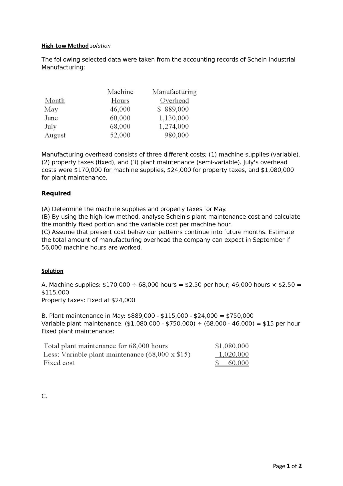 High Low database question (solution) - High-Low Method solution The ...