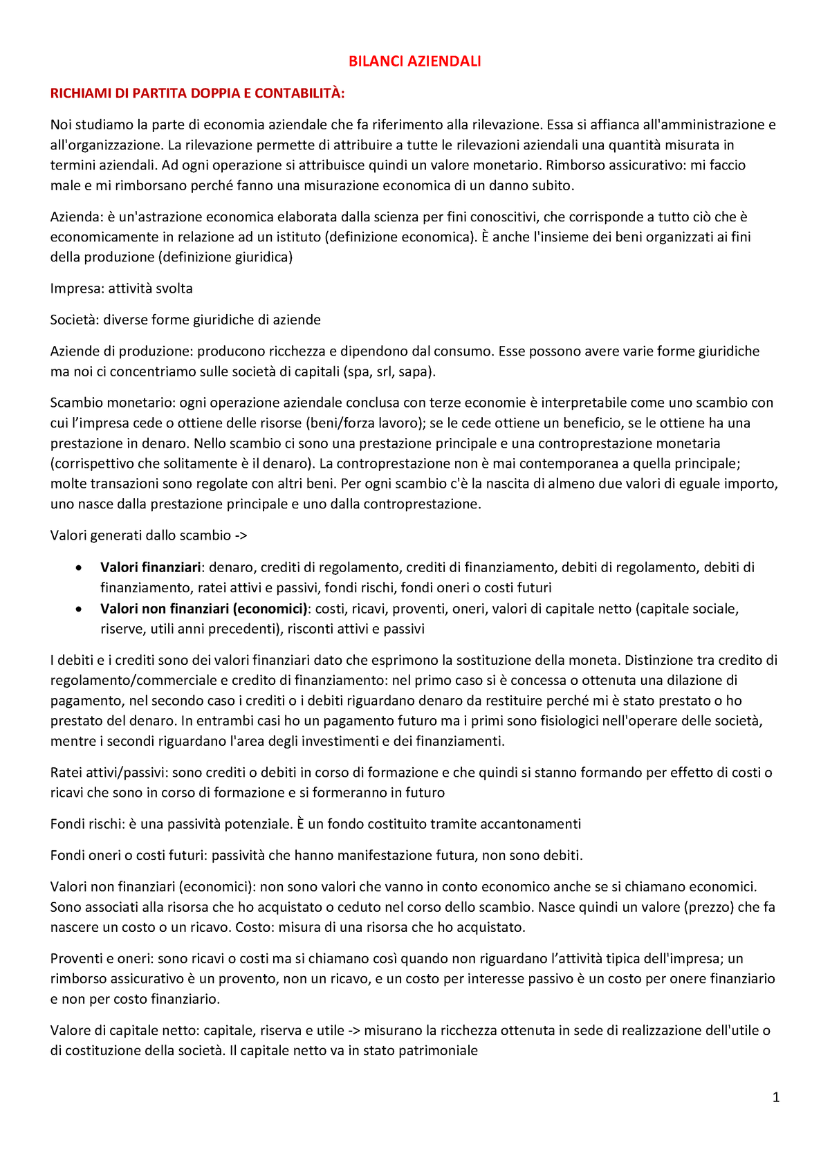 Bilanci Appunti - BILANCI AZIENDALI RICHIAMI DI PARTITA DOPPIA E ...