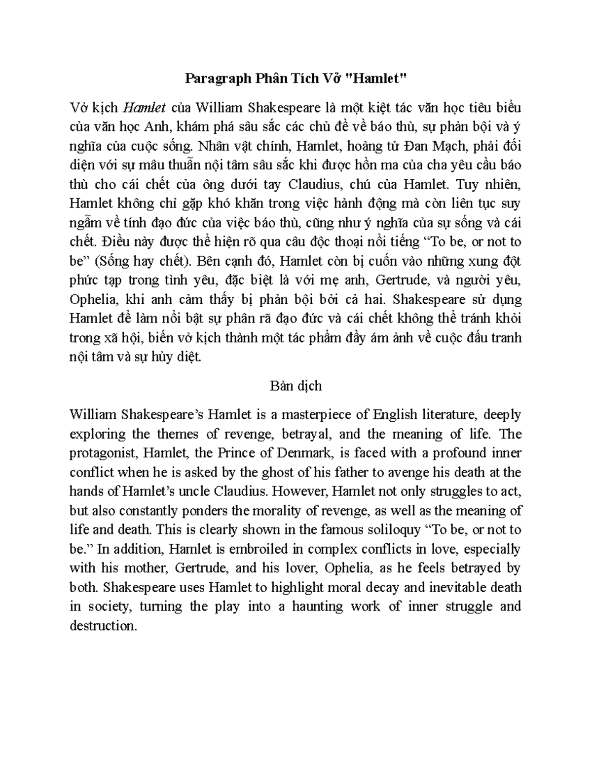 Paragraph Phân Tích Hamlet 1 - Paragraph Phân Tích Vở 