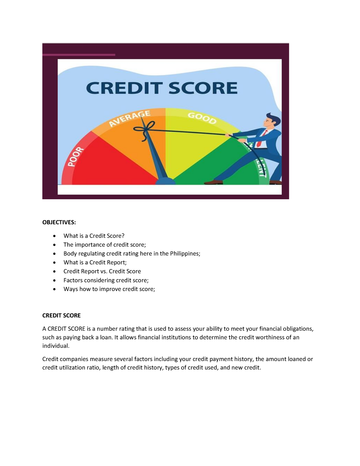 Credit Score Lecture Notes - OBJECTIVES: What Is A Credit Score? The ...