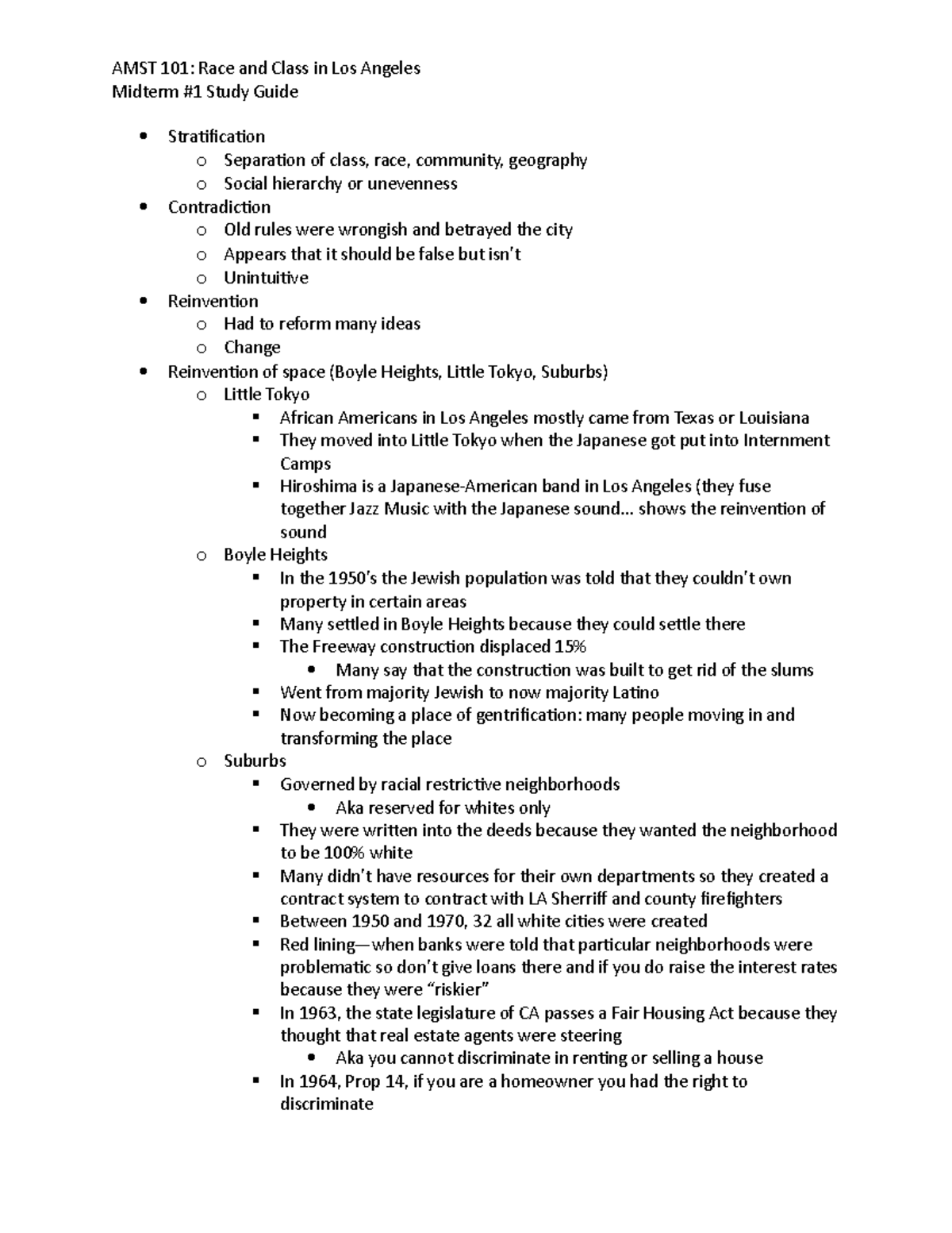 AMST 101 midterm 1 study guide AMST 101 Race and Class in Los