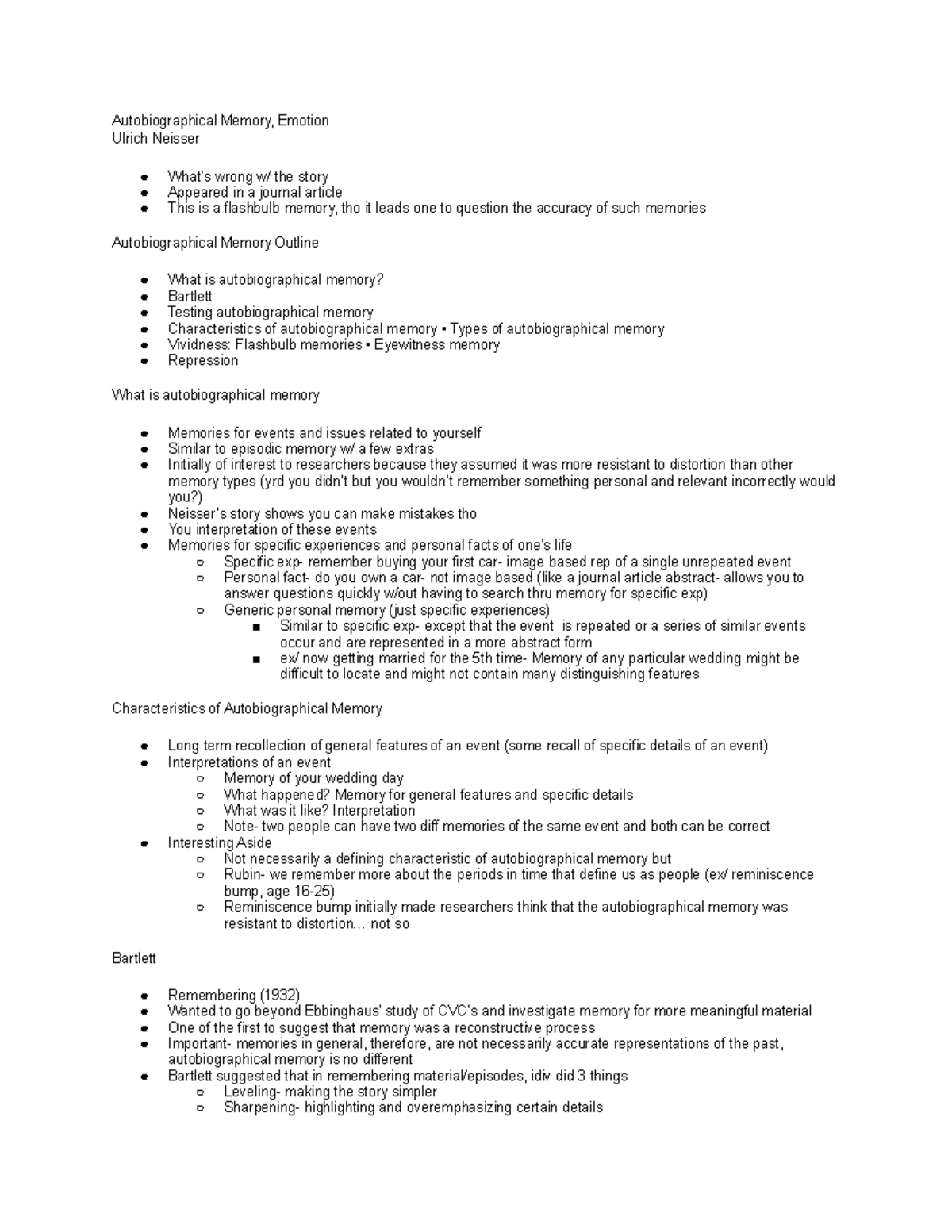 Lecture 12 - notes - Autobiographical Memory, Emotion Ulrich Neisser ...