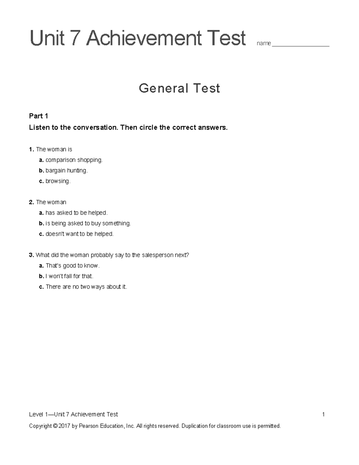 Assesment unidad 7 summit 1 - Unit 7 Achievement Test name ...