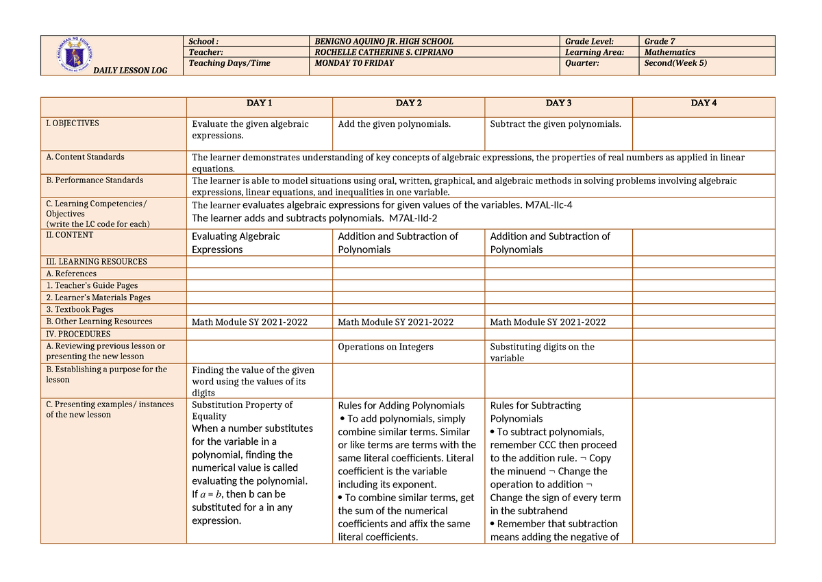 DLLQ2W6 - Lesson Plan /dll - DAILY LESSON LOG School : BENIGNO AQUINO ...