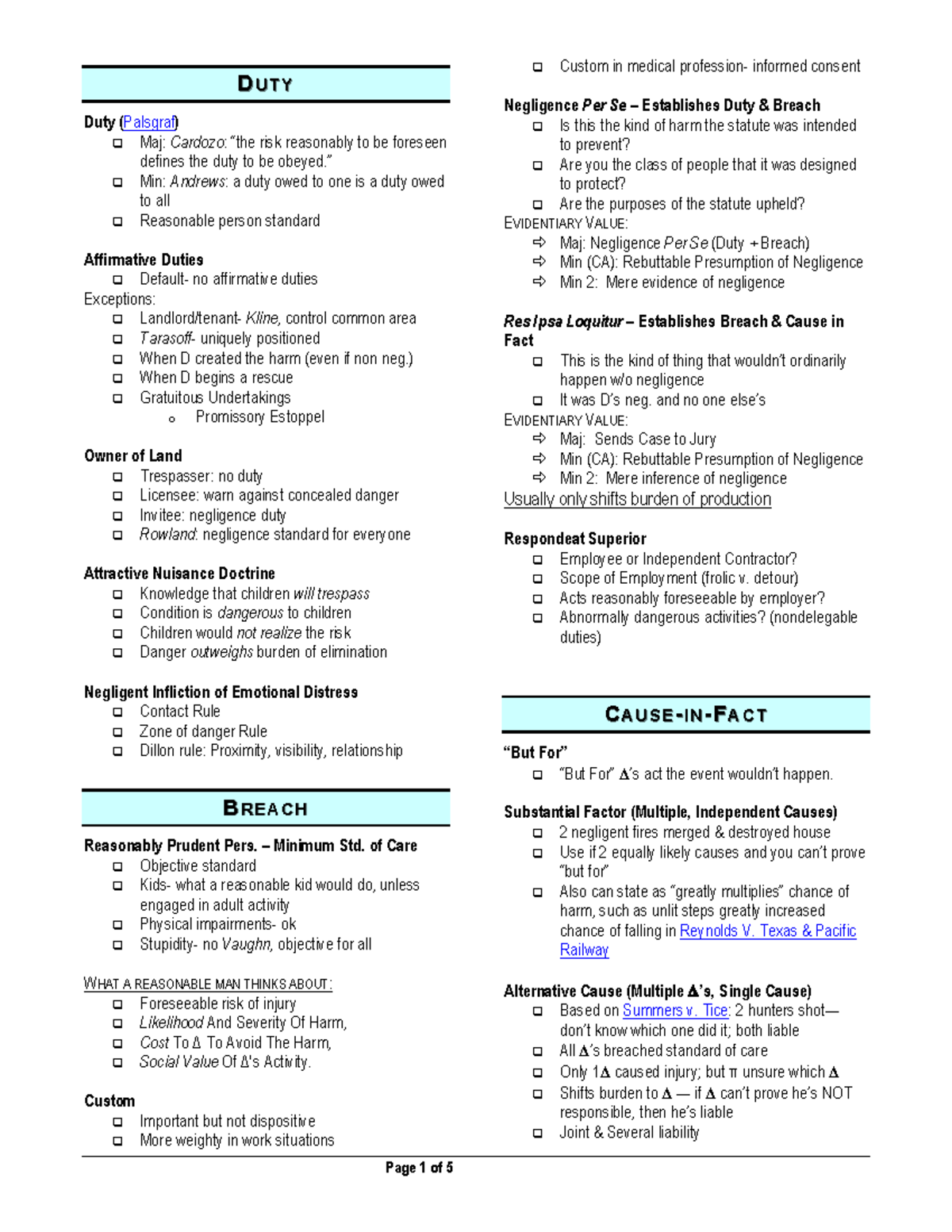 Torts Quicksheet with Cases- A practical checklist - JURI 6120 - UGA ...