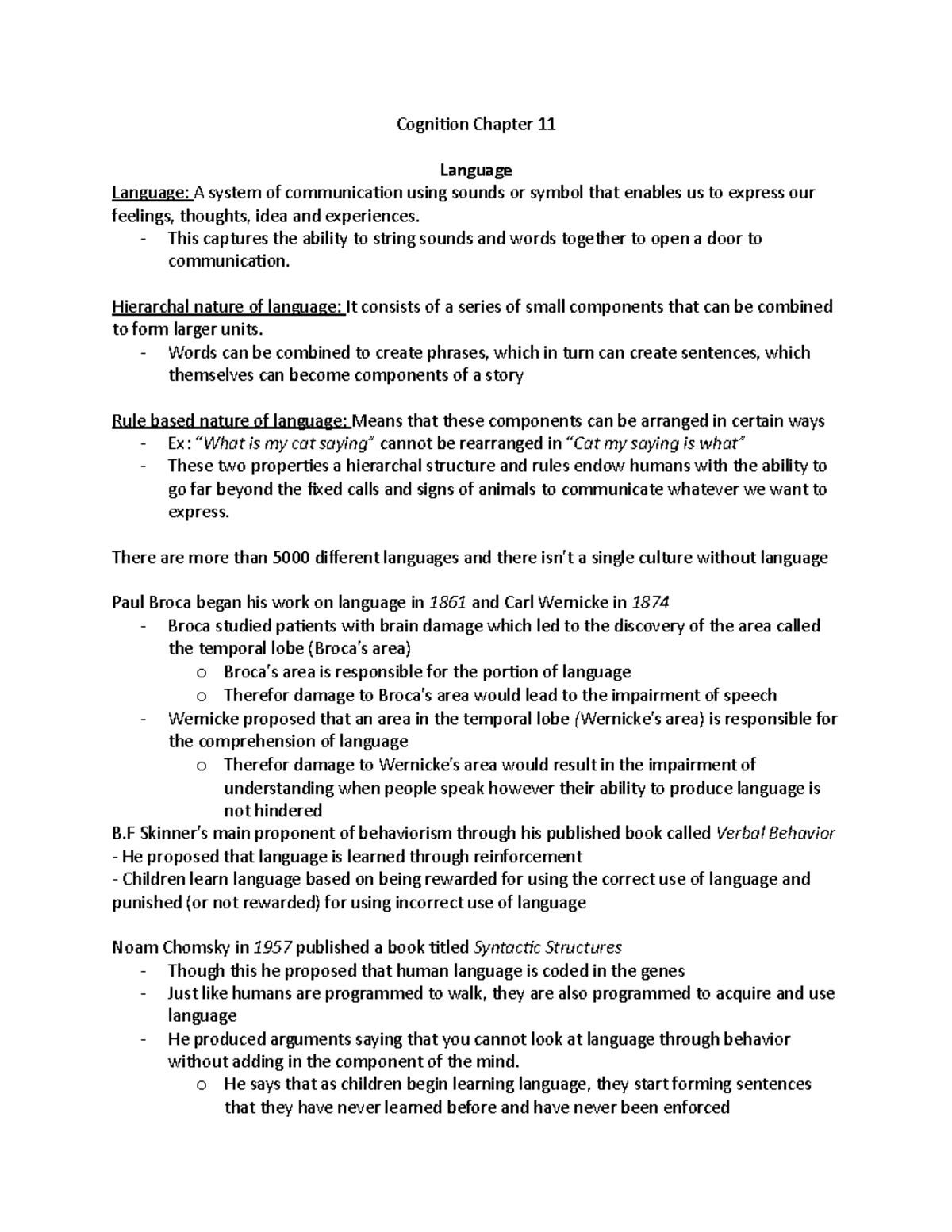 Chapter 11 Book Notes - Cognition Chapter 11 Language Language: A ...