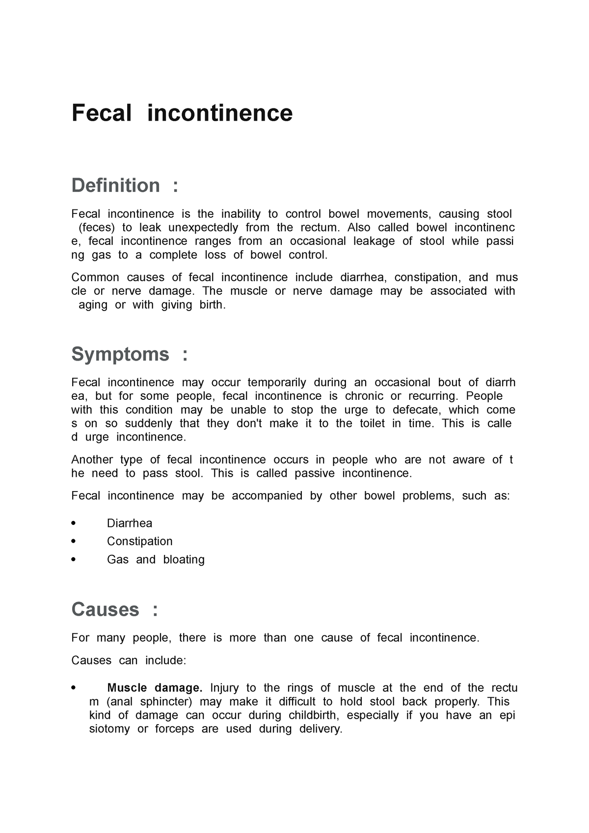 Fecal Incontinence - FecalTincontinenceT DefinitionT: - Studocu