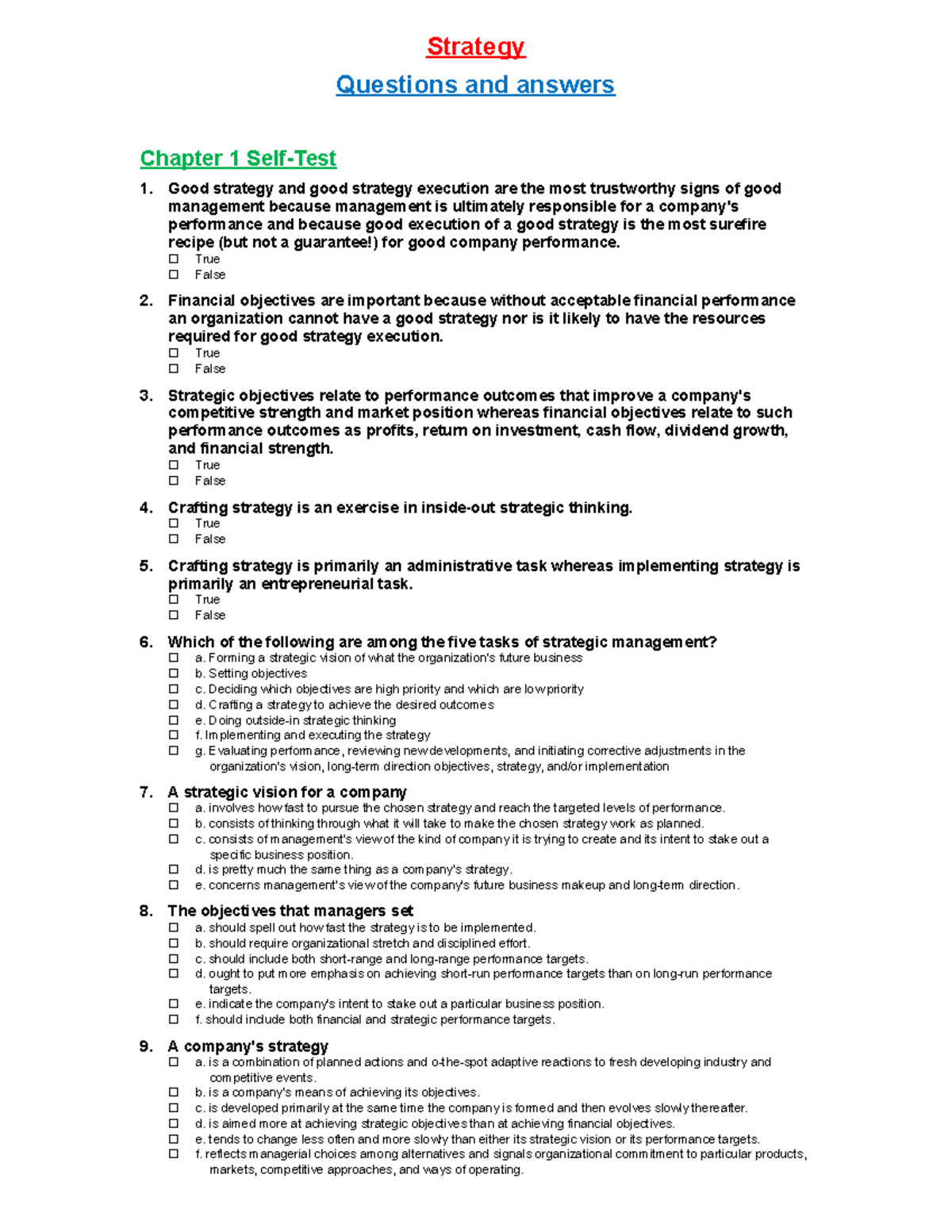 Strategic-Management - Strategy Questions And Answers Chapter 1 Self ...