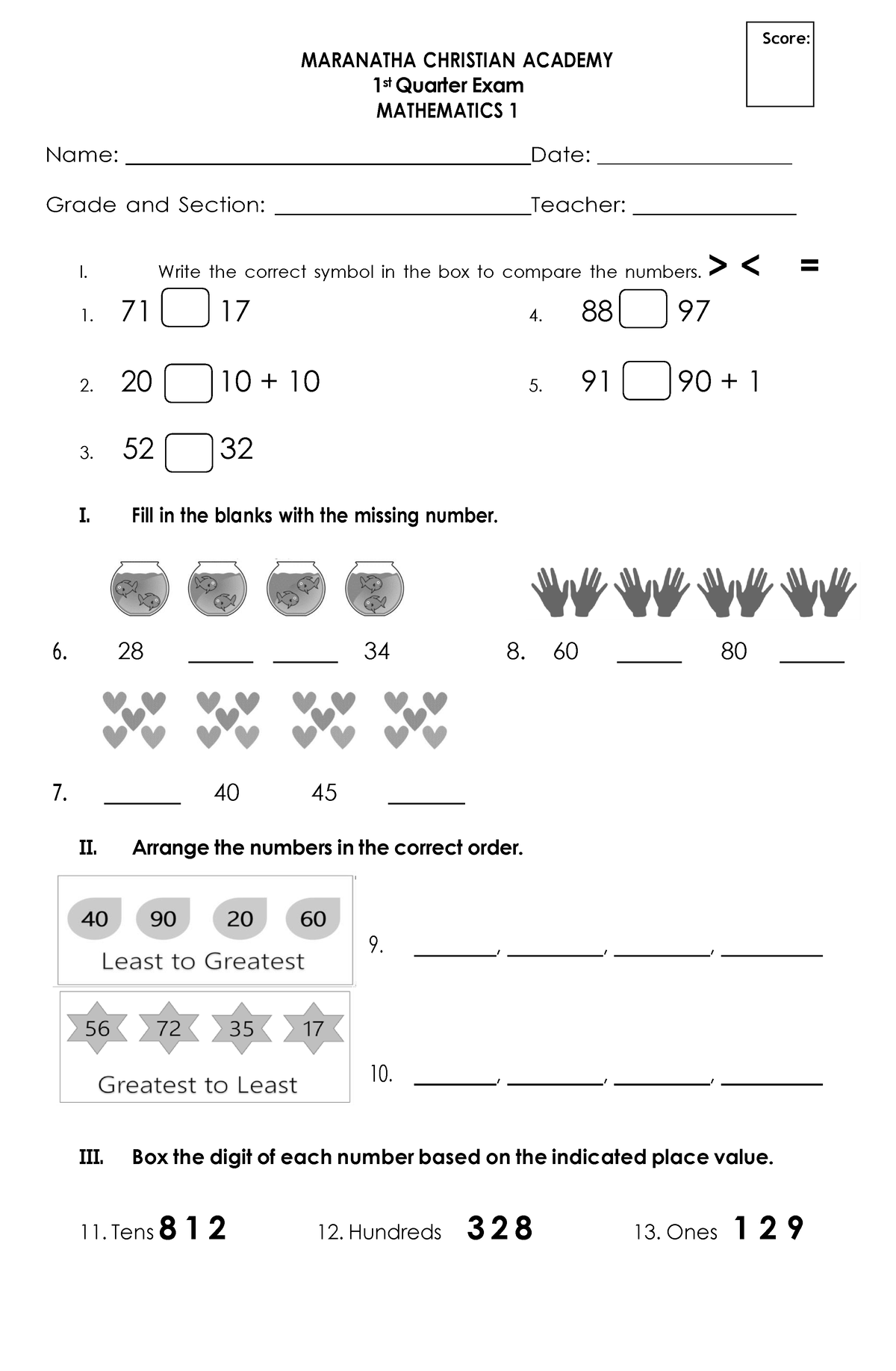 Q1 MATH 1- Quarterly Exam - ####### MARANATHA CHRISTIAN ACADEMY ...