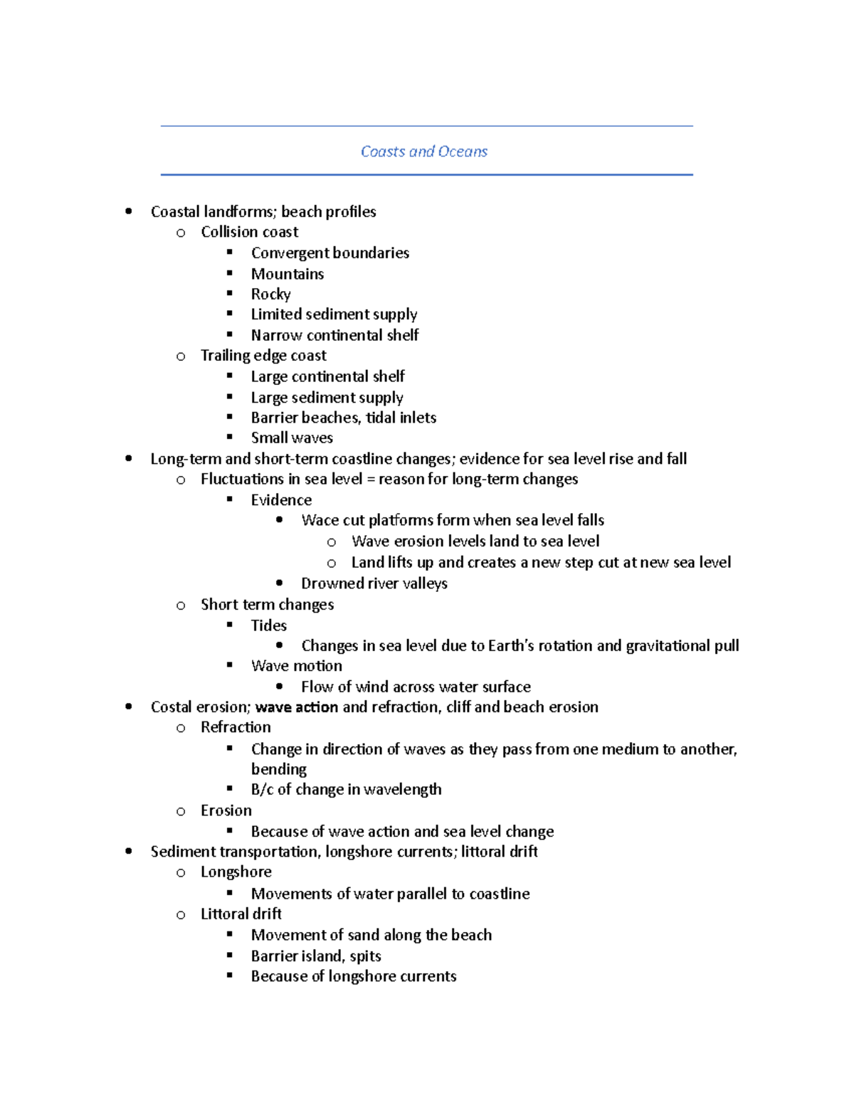 Geology final - Coasts and Oceans Coastal beach profiles o Collision ...
