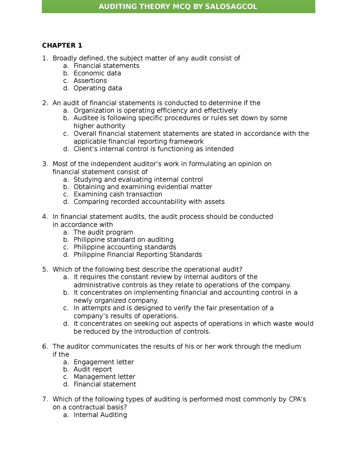 Audit Theory NO Answer CHAP 1-4 - CHAPTER 1 Broadly Defined, The ...