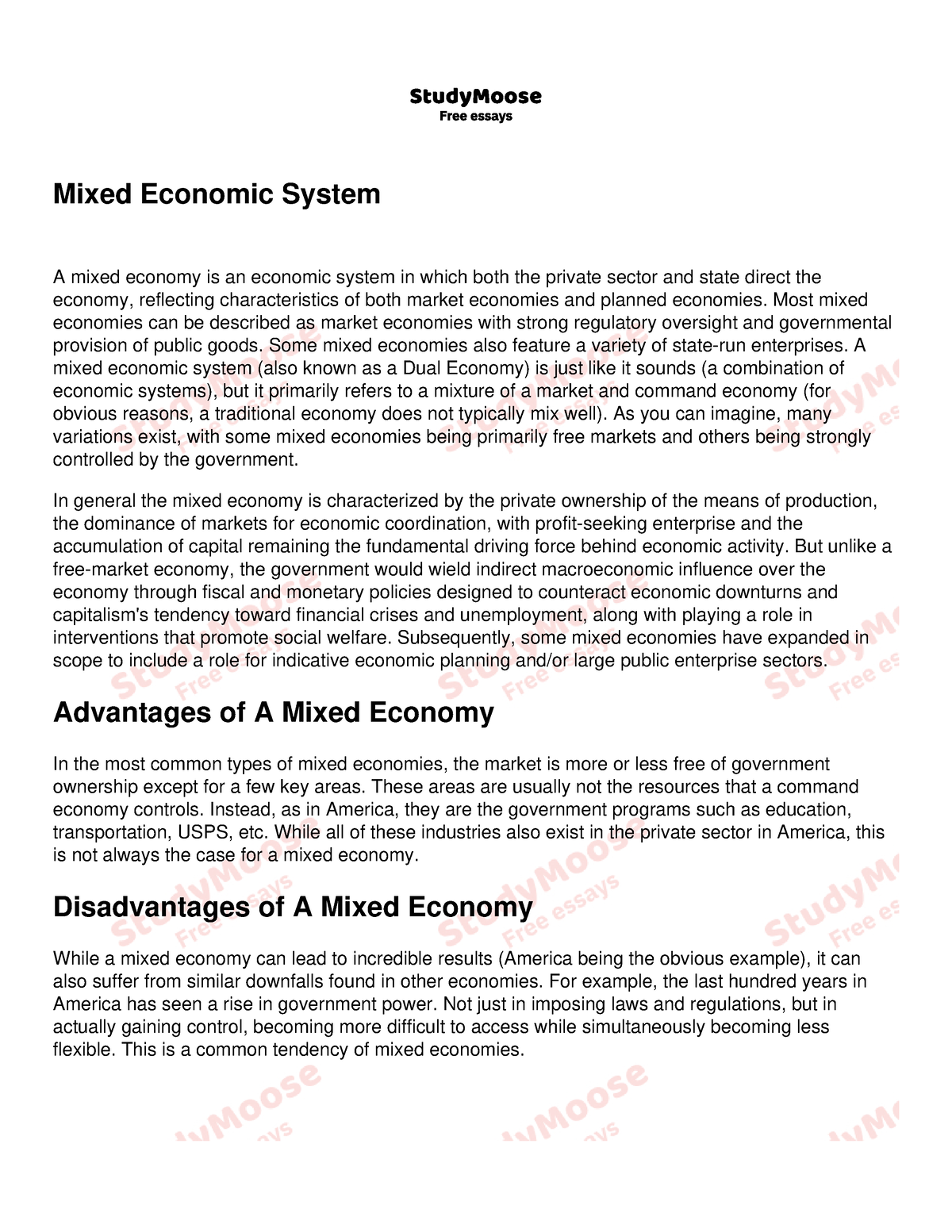 mixed economic system essay