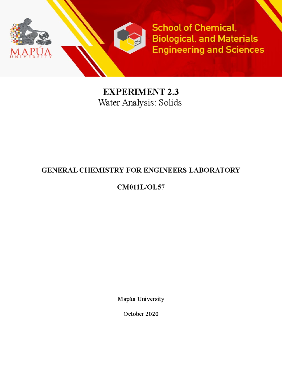 Experiment 2 laboratory report EXPERIMENT 2. Water Analysis Solids