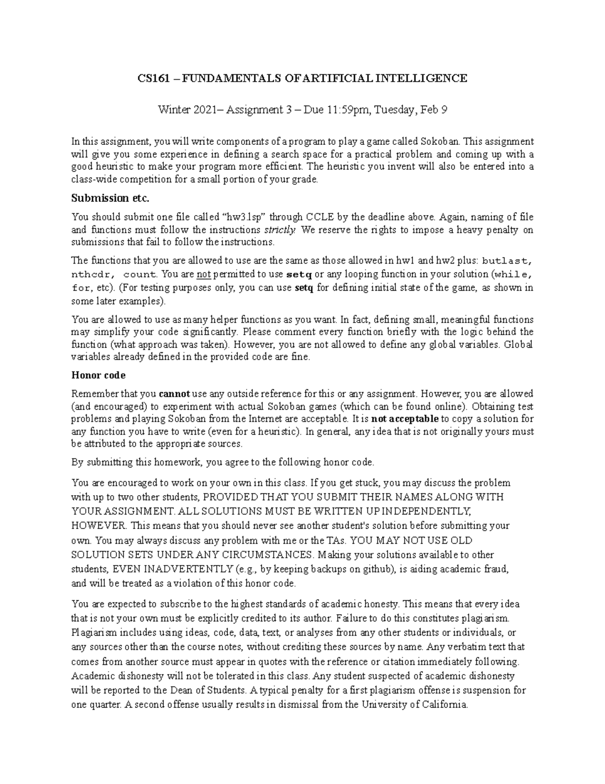Hw3 - Quanquan Gu HW3 - CS161 – FUNDAMENTALS OF ARTIFICIAL INTELLIGENCE ...