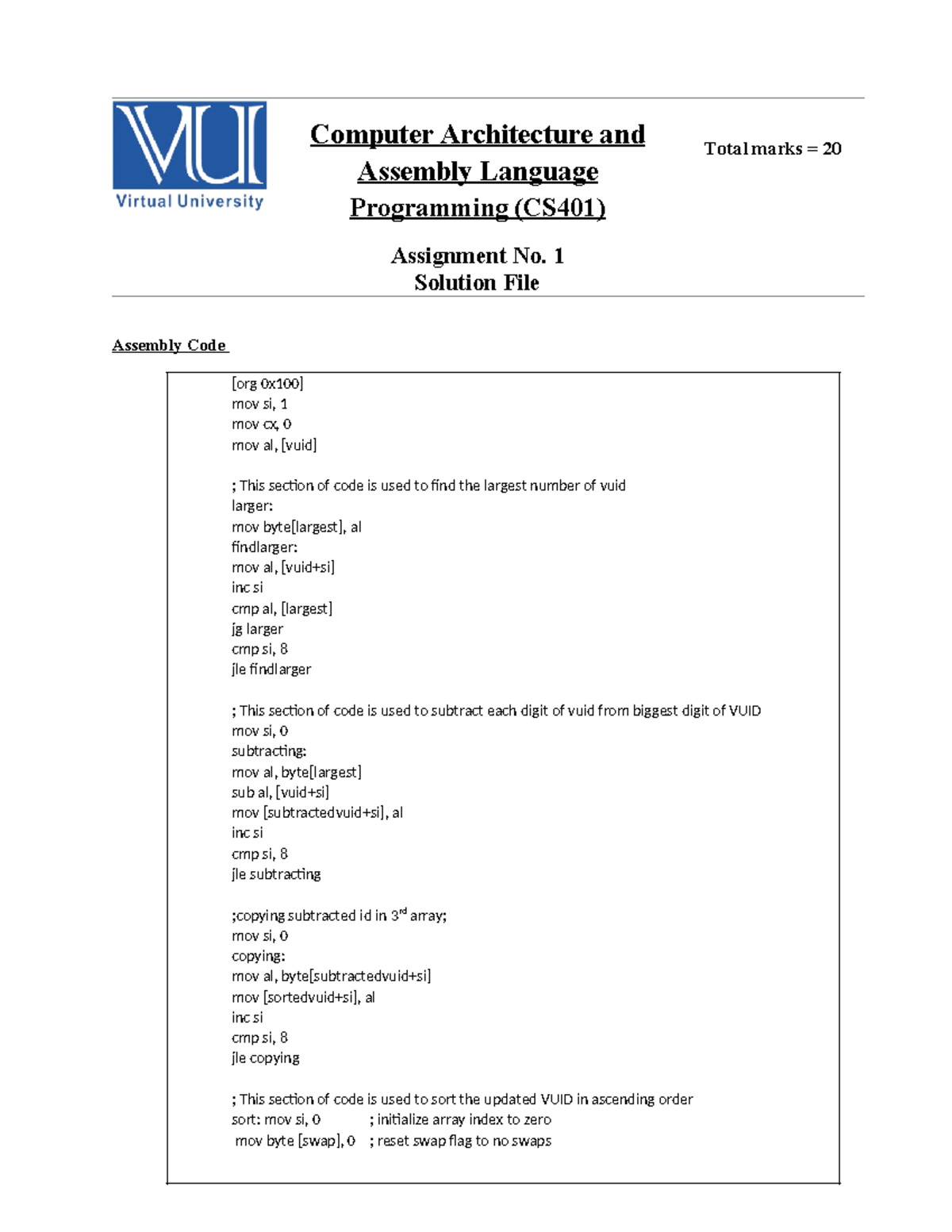 Spring 2024 CS401 1 SOL Assignment solution Computer Architecture