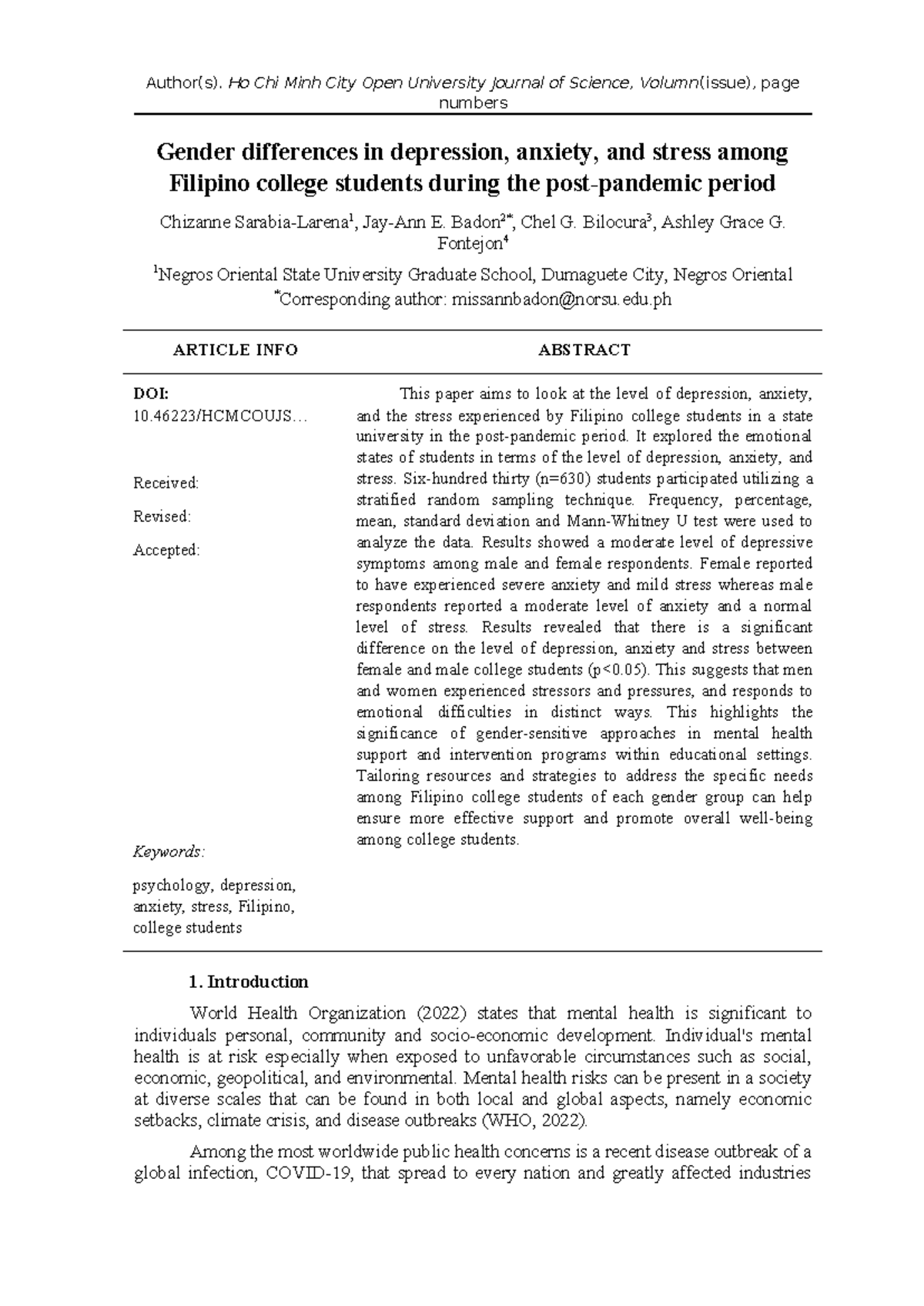 Article Template Gender differences in depression anxiety and stress ...