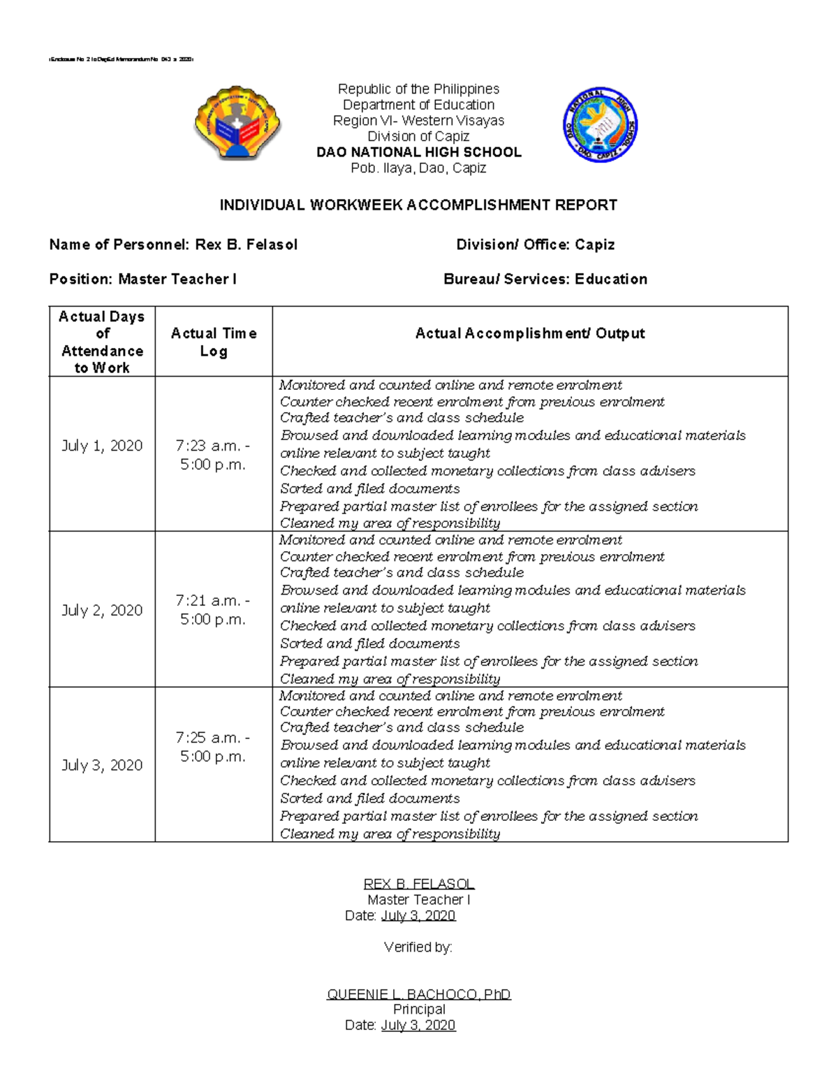 Deped individual workweek accomplishment report rex july Compress 