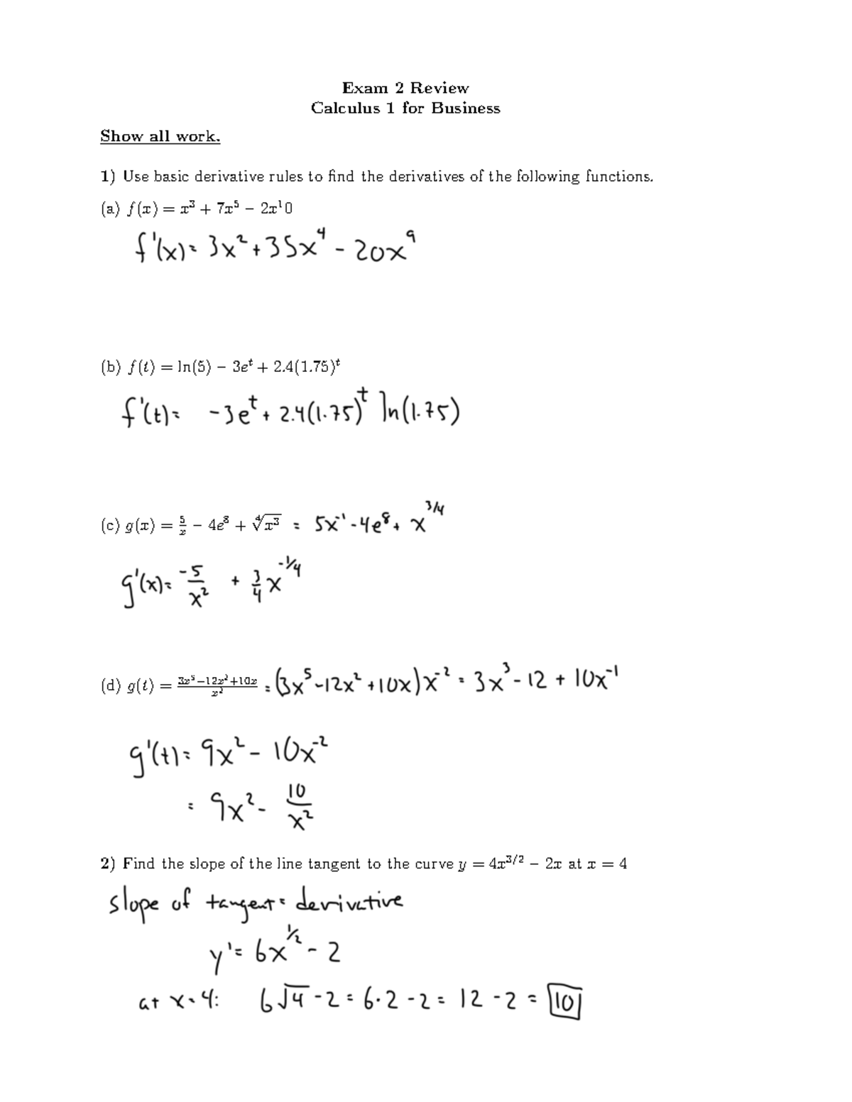 Exam 2 Review Solutions - Calculus 1 For BusinessExam 2 Review Show All ...