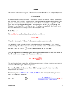 Gases Lecture 2 Ideal Gas Law Partial Pressures Studocu