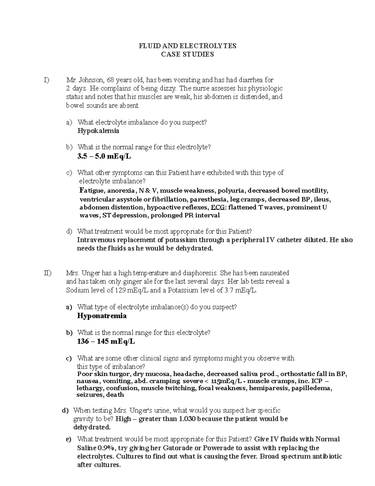 Electrolyte cases answer sheet FLUID AND ELECTROLYTES CASE STUDIES I