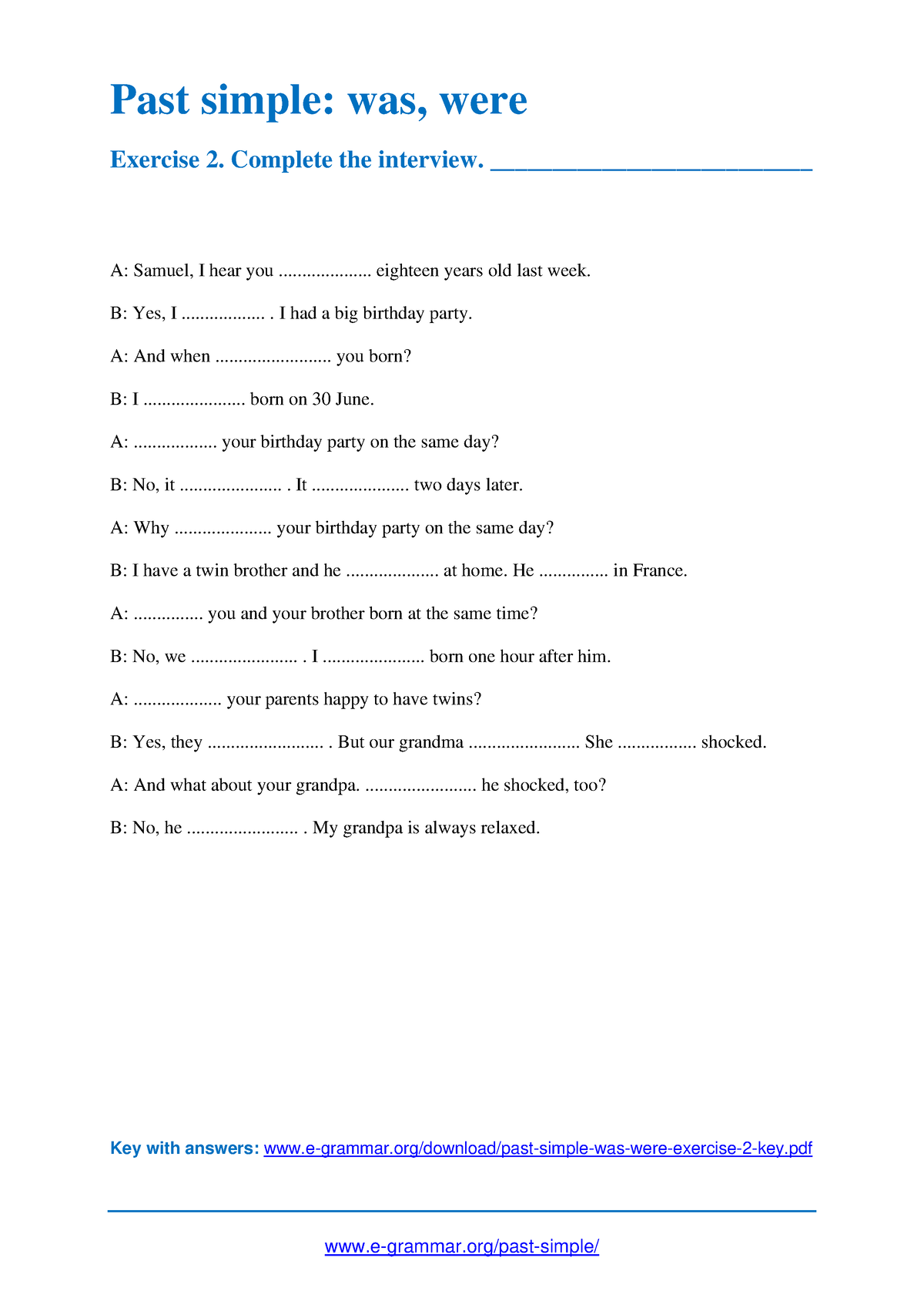 Past simple exercise 4 (was, were) - e-grammar/past-simple/ Past simple ...