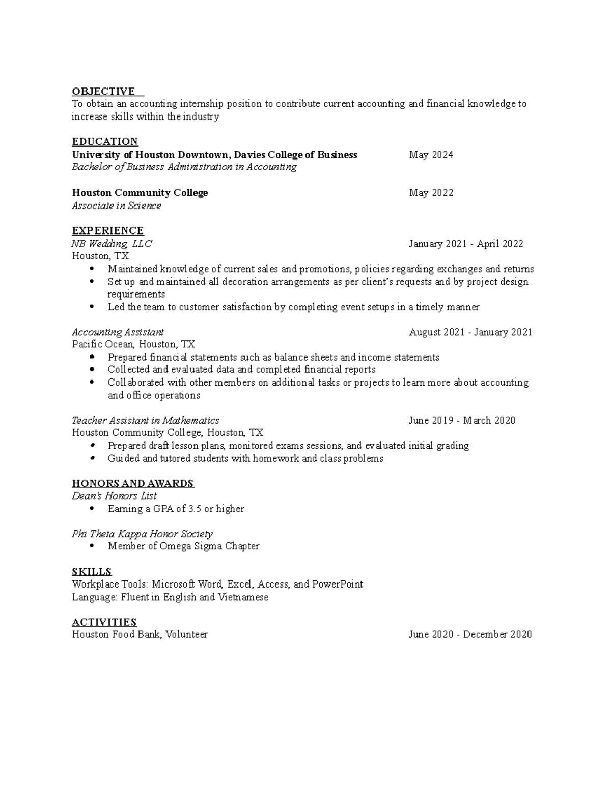 Resume - OBJECTIVE To obtain an accounting internship position to ...