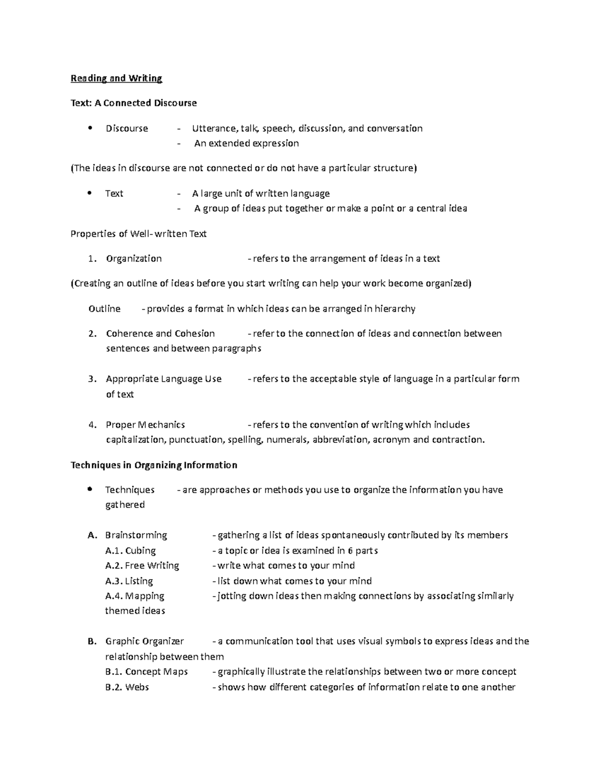 Reading and Writing Reviewer Reading and Writing Text A Connected