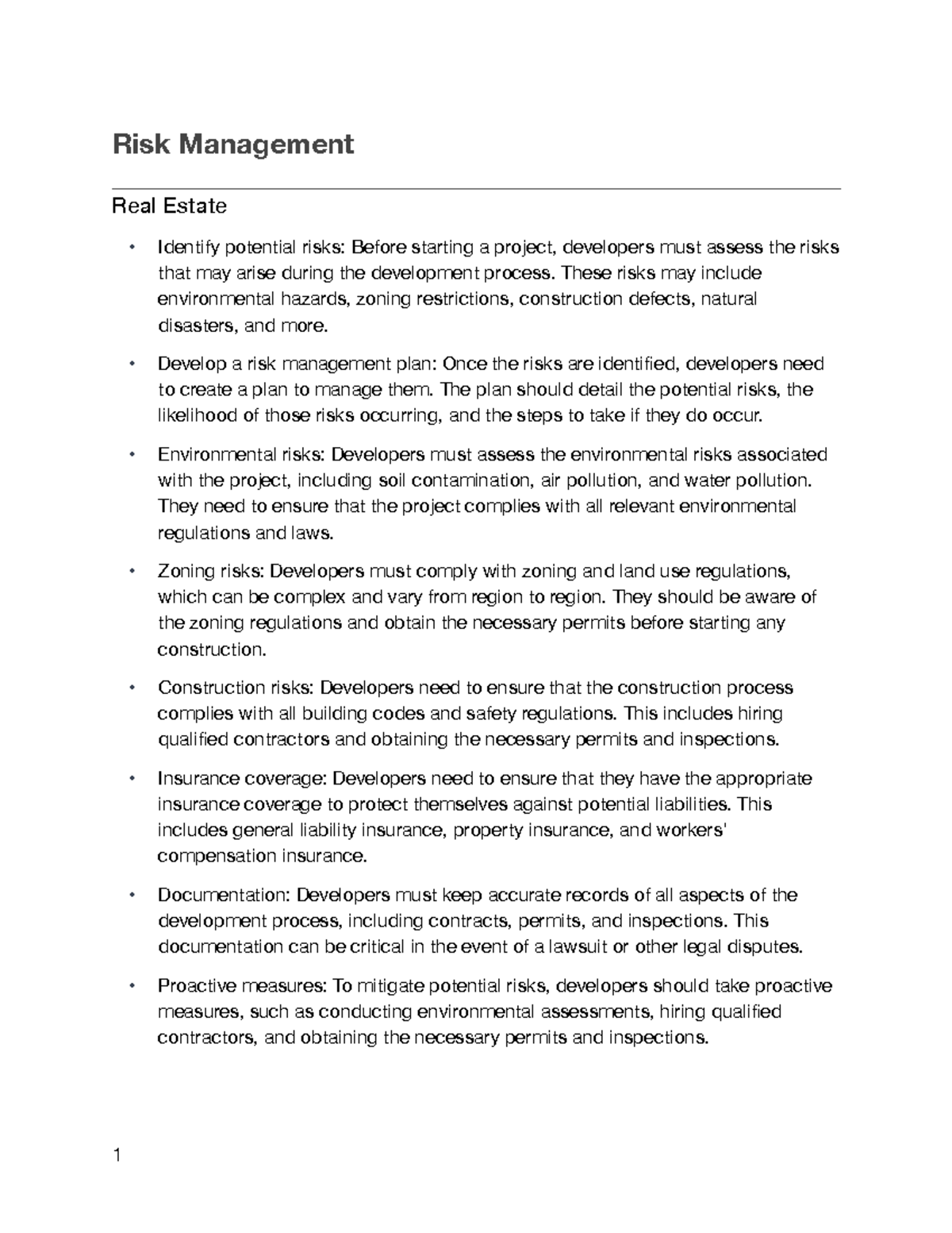 Risk Management Notes and Summary Risk Management Real Estate