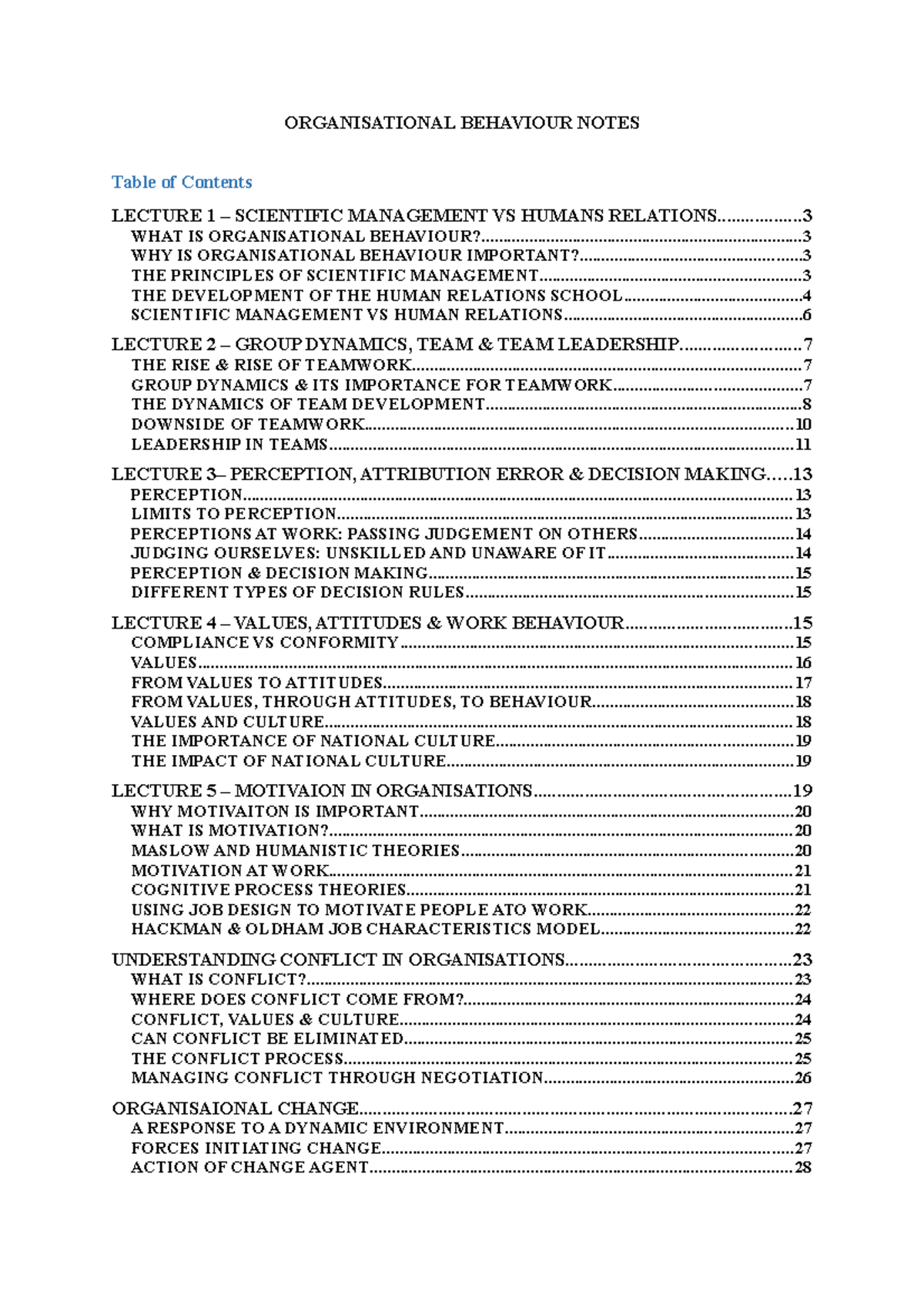 OB Revision Notes - ORGANISATIONAL BEHAVIOUR NOTES Table of Contents ...