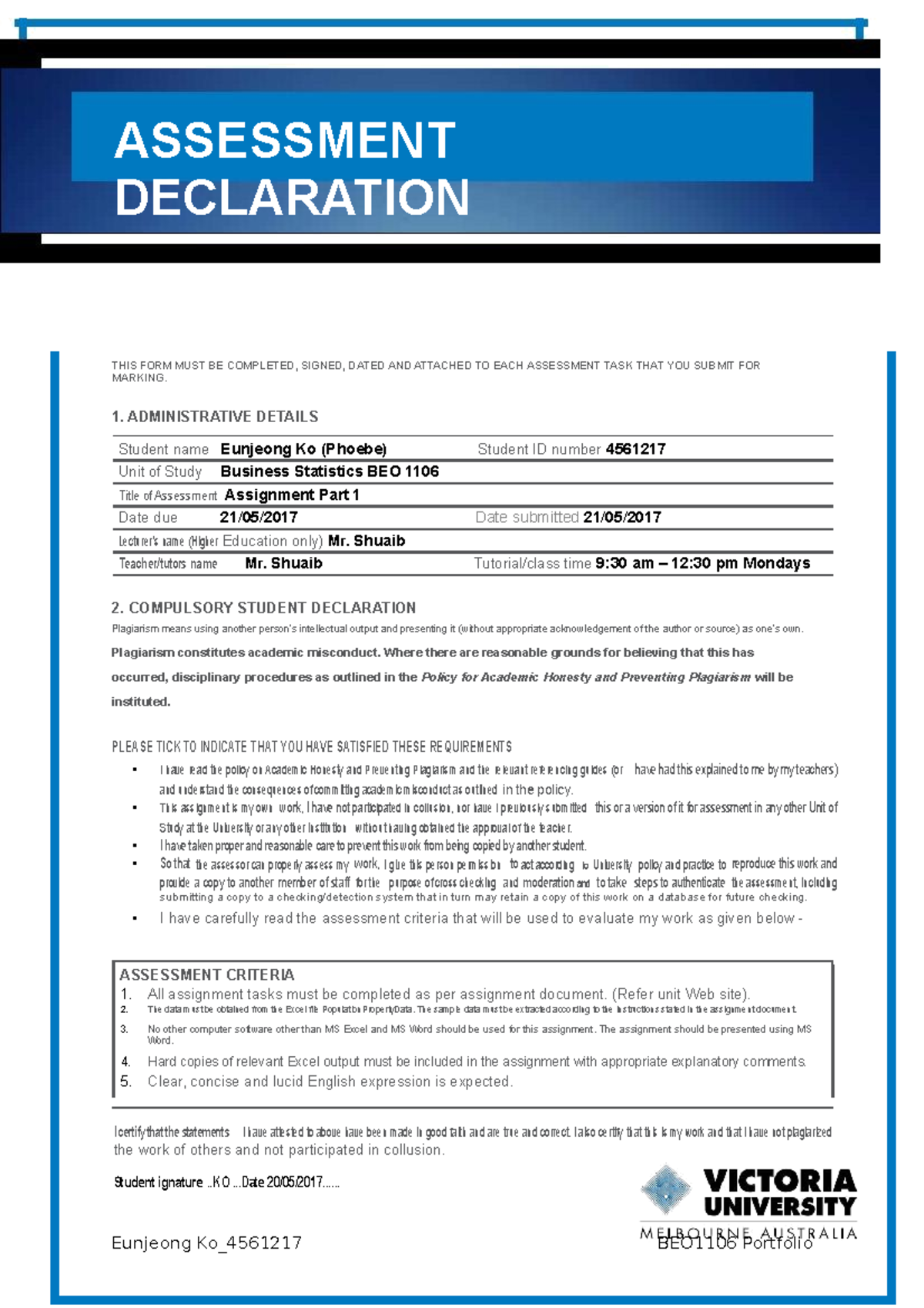 BEO Portfolio Eunjeong Ko 4561217 - ASSESSMENT DECLARATION COLLEGE OF ...