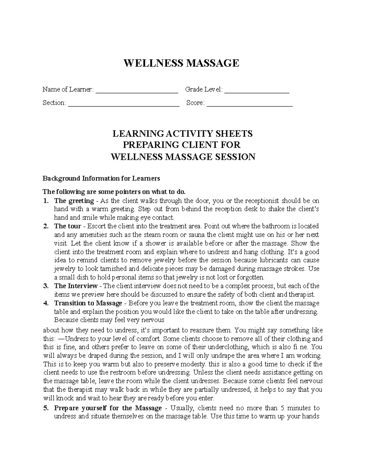 Preparing Client FOR wellness massage session - WELLNESS MASSAGE Name of  Learner: - Studocu