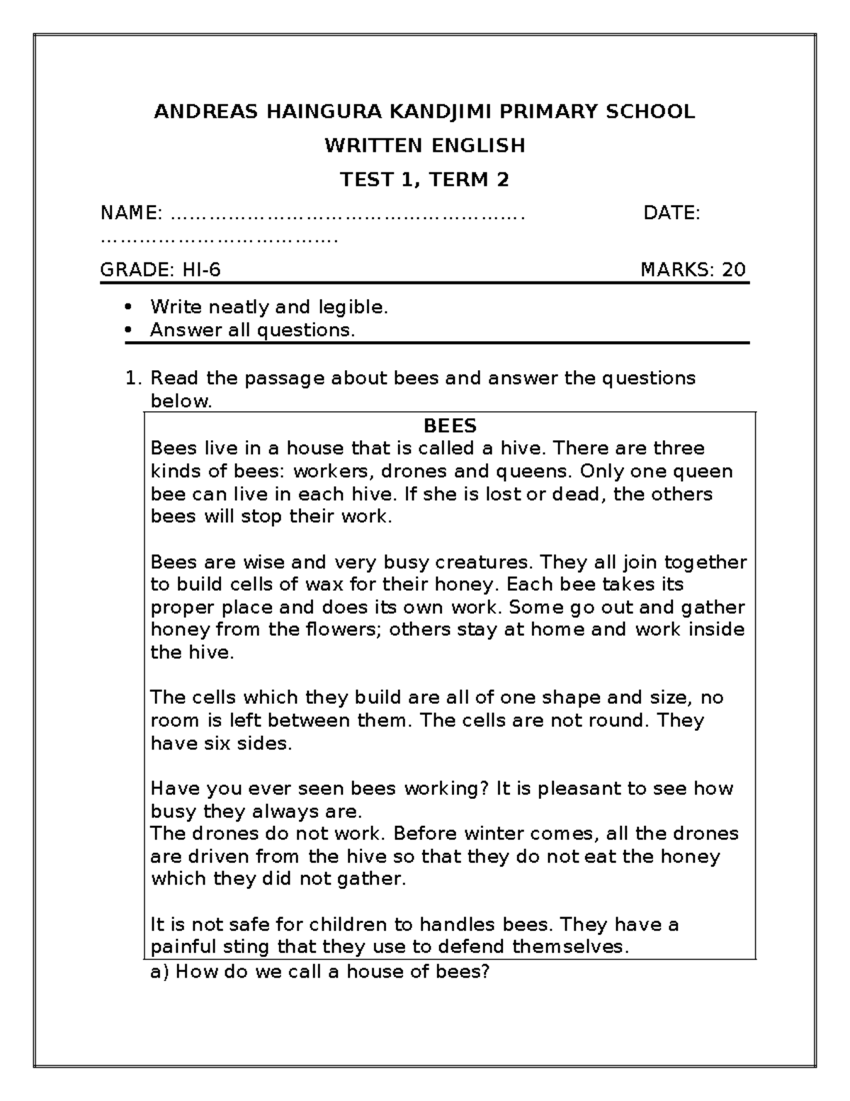 Written english test 1 - ANDREAS HAINGURA KANDJIMI PRIMARY SCHOOL ...