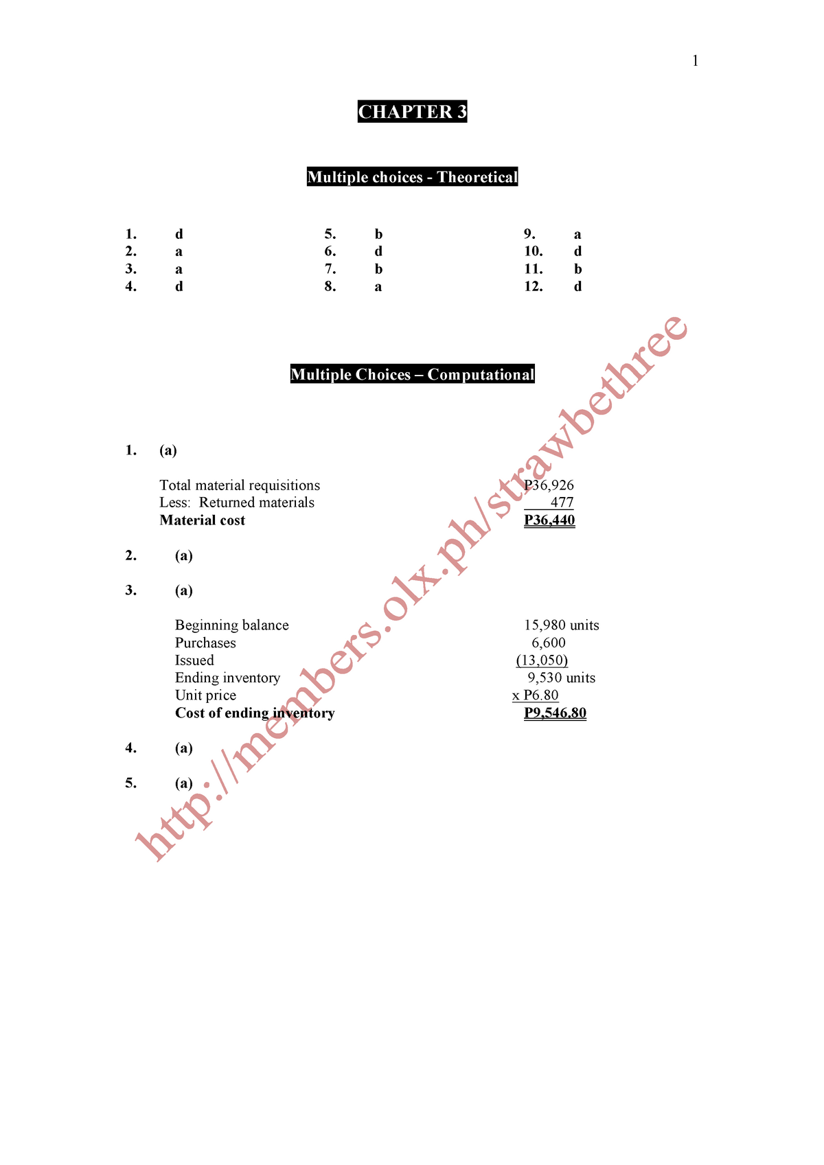 Cost Acctg Chapter 3 - CHAPTER 3 Multiple Choices - Theoretical 1. D 5 ...