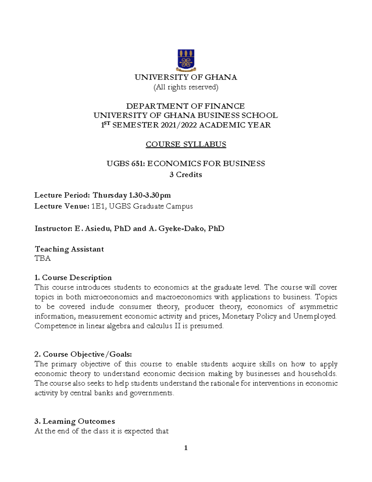 Syllabus - UNIVERSITY OF GHANA (All rights reserved) DEPARTMENT OF ...