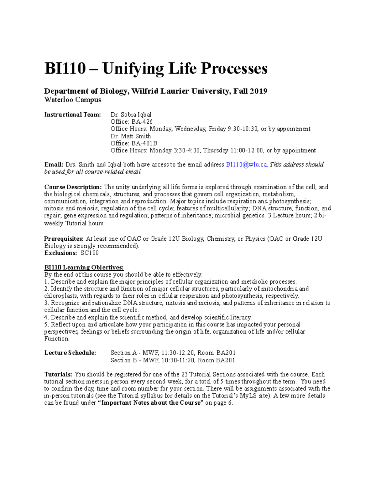 BI110 F19 Laurier Document - BI110 – Unifying Life Processes Department ...