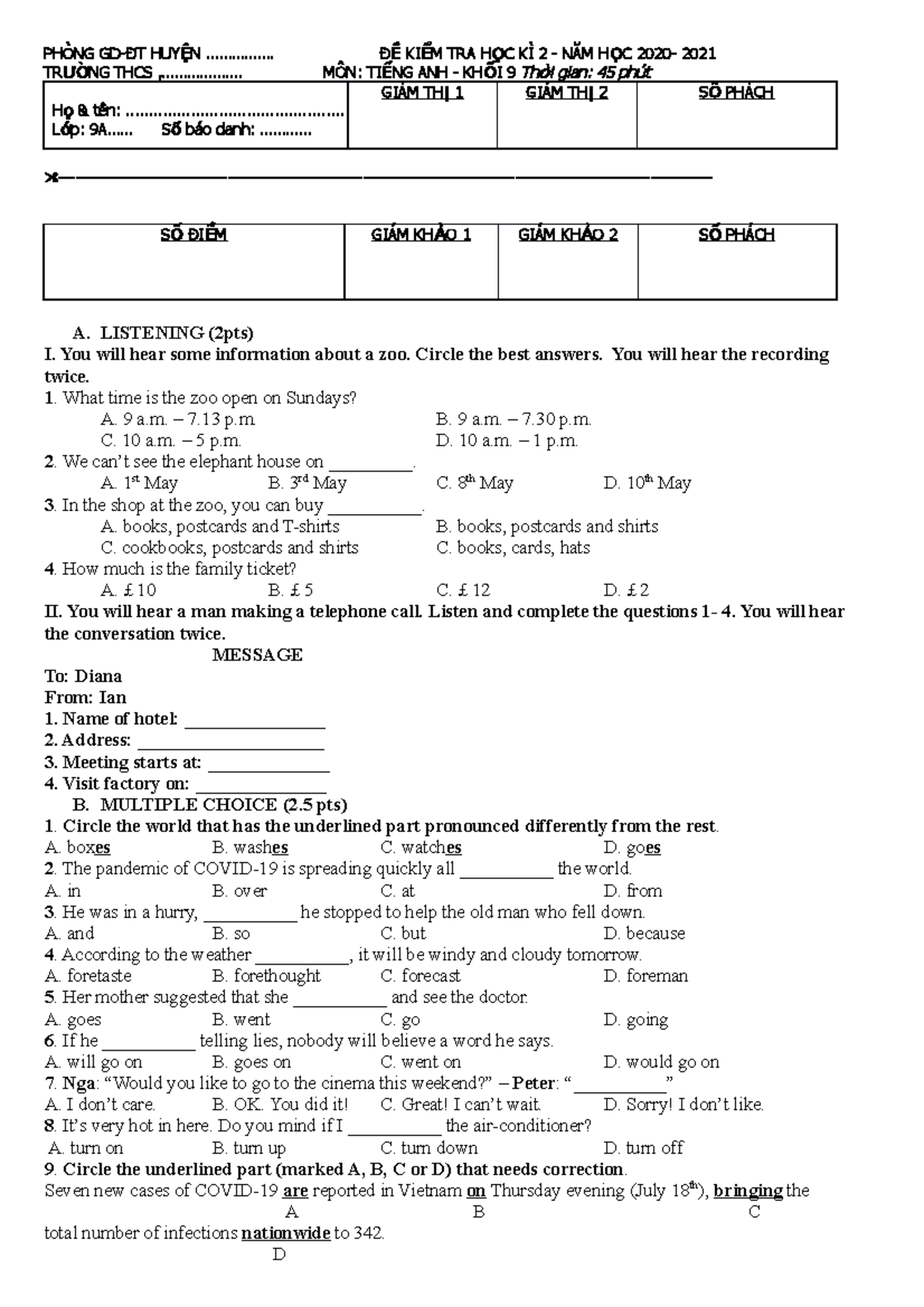 De Thi Hk2 Mon Tieng Anh Lop 9 De 4 - PhÒng Gd-Đt Huy Ệ N 