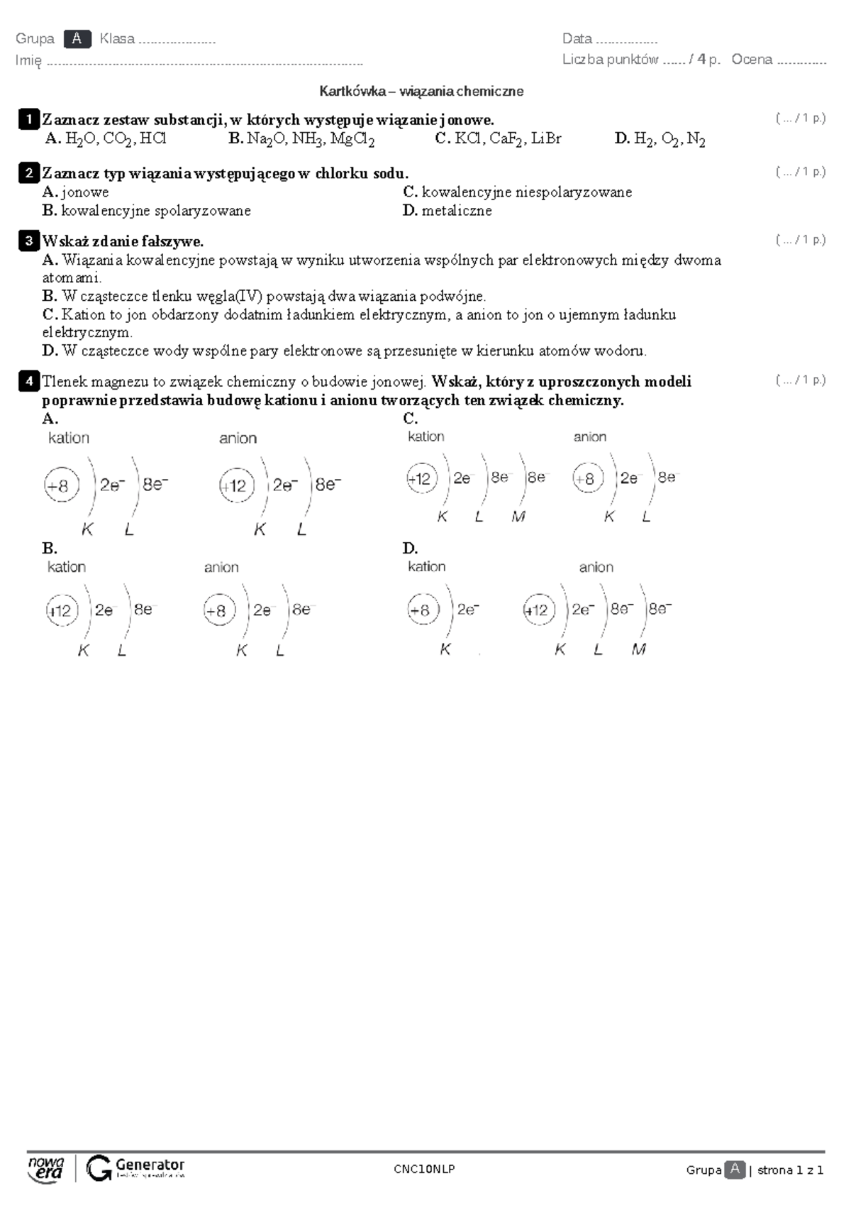 Kartkówka – wiązania chemiczne Test (z widoczną punktacją) - CNC10NLP